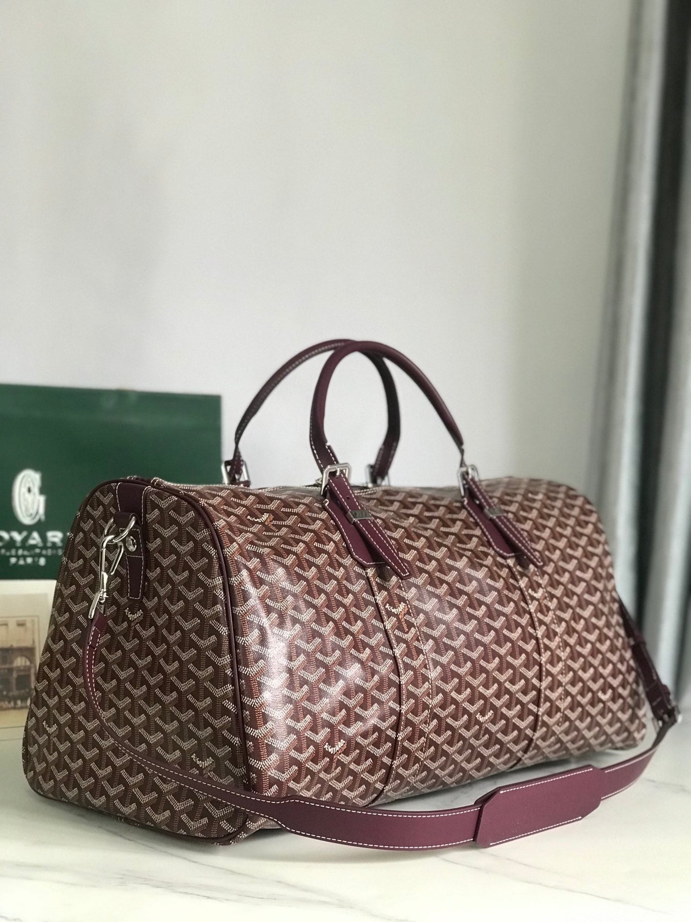 BOSTON 50 BAG IN WINE RED GOYARDINE CANVAS AND CALFSKIN TRIM