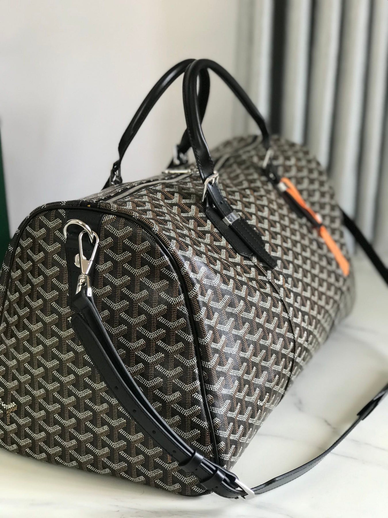 BOSTON 50 BAG IN BLACK GOYARDINE CANVAS AND CALFSKIN TRIM