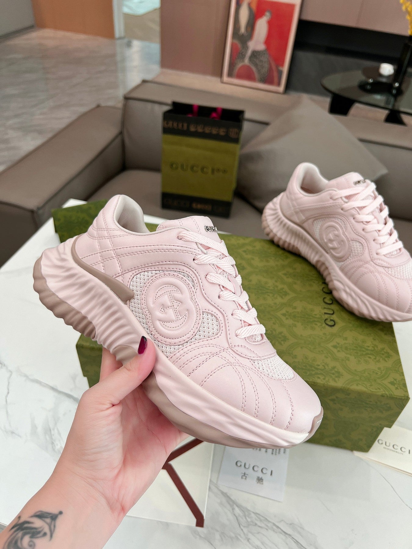 GG RIPPLE TRAINER LIGHT PASTEL PINK LAMBSKIN