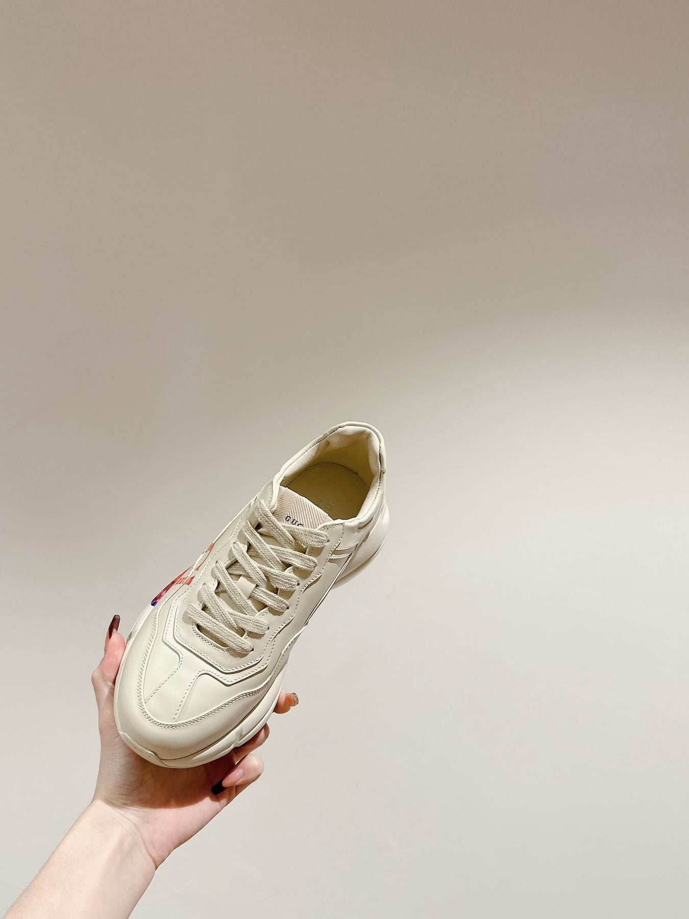 GG RHYTON TRAINER WHITE CALFSKIN WITH MULTI PATTERNS