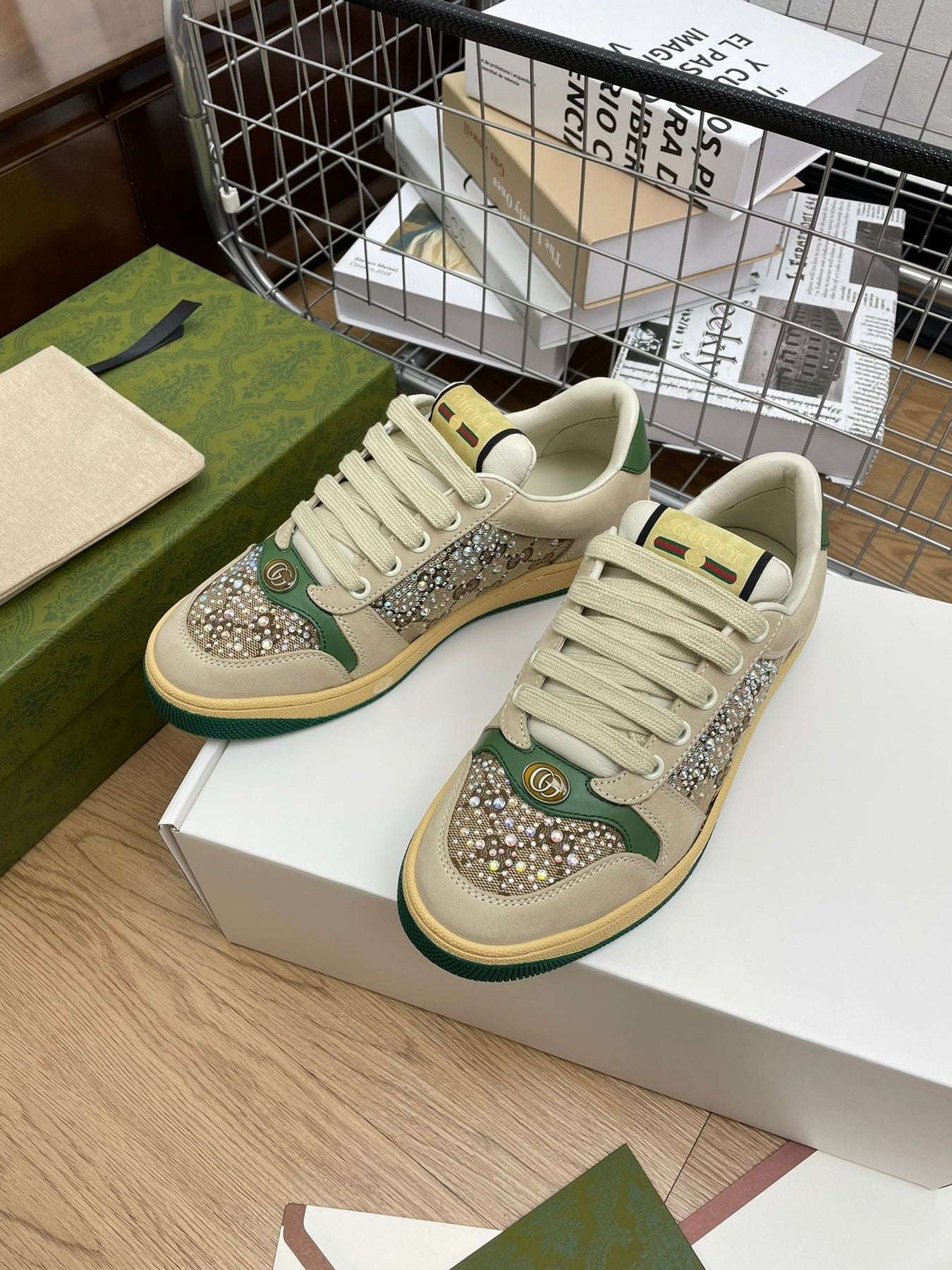 GG SNEAKER WITH DIAMOND IN IVORY SUEDE AND CANVAS