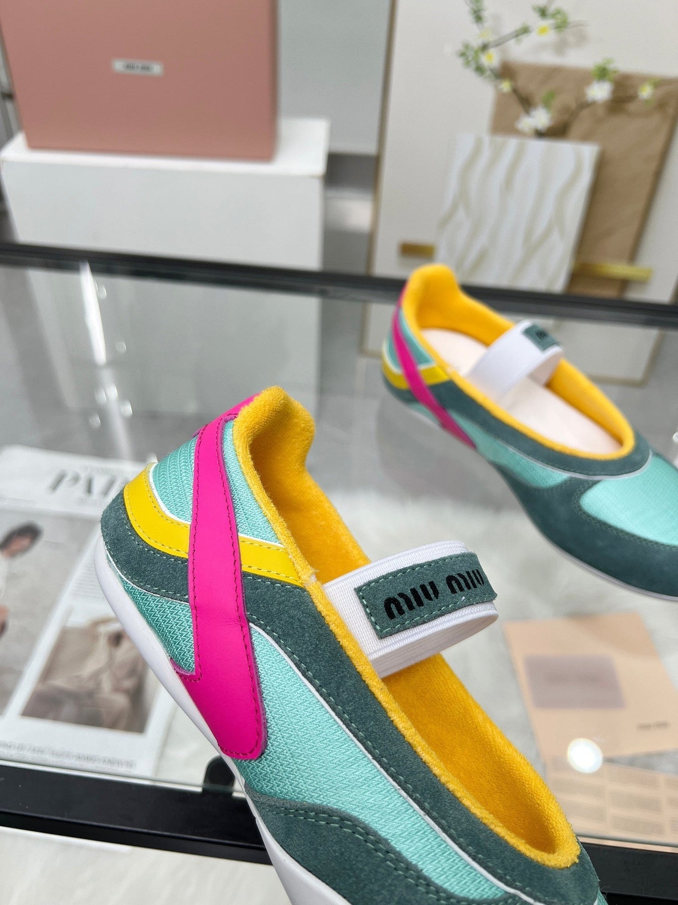 GYMNASIUM BALLERINAS IN GREEN PINK YELLOW TECHNICAL FABRIC AND SUEDE