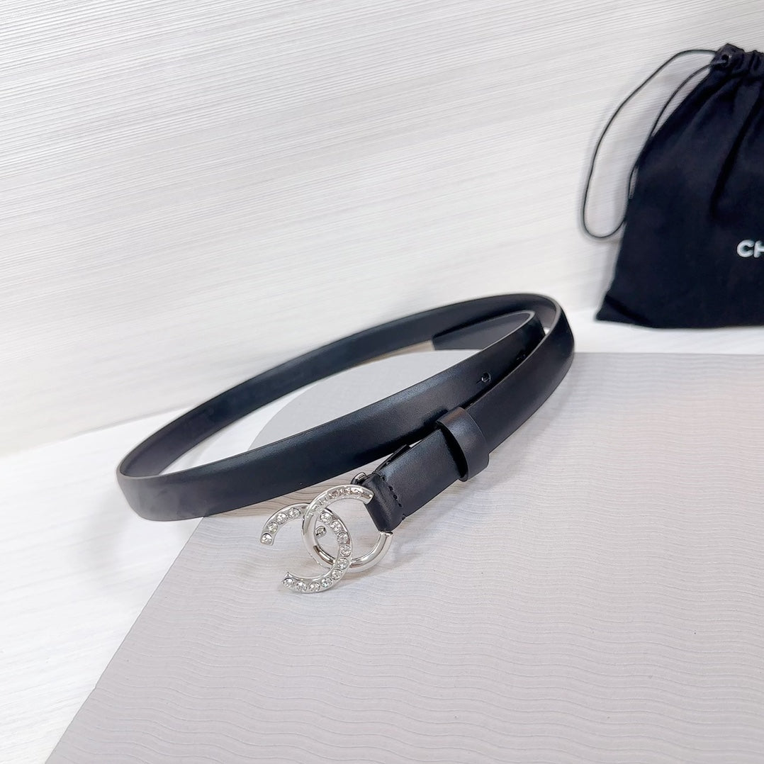 CC BELT 20 MM IN BLACK SMOOTH CALFSKIN SILVER HARDWARE ATTACH RHINSTONE