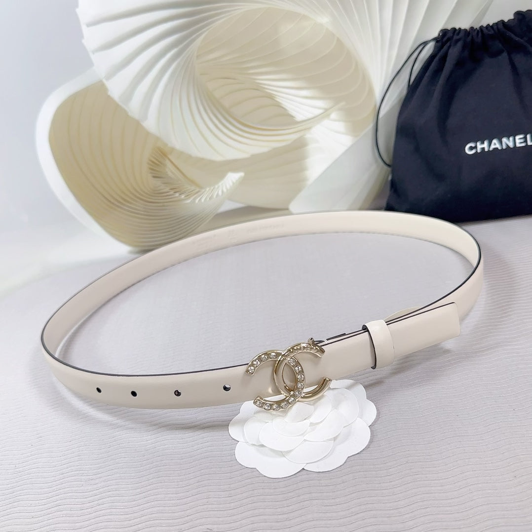 CC BELT 20 MM IN BEIGE CREAM SMOOTH CALFSKIN GOLD HARDWARE ATTACH RHINSTONE
