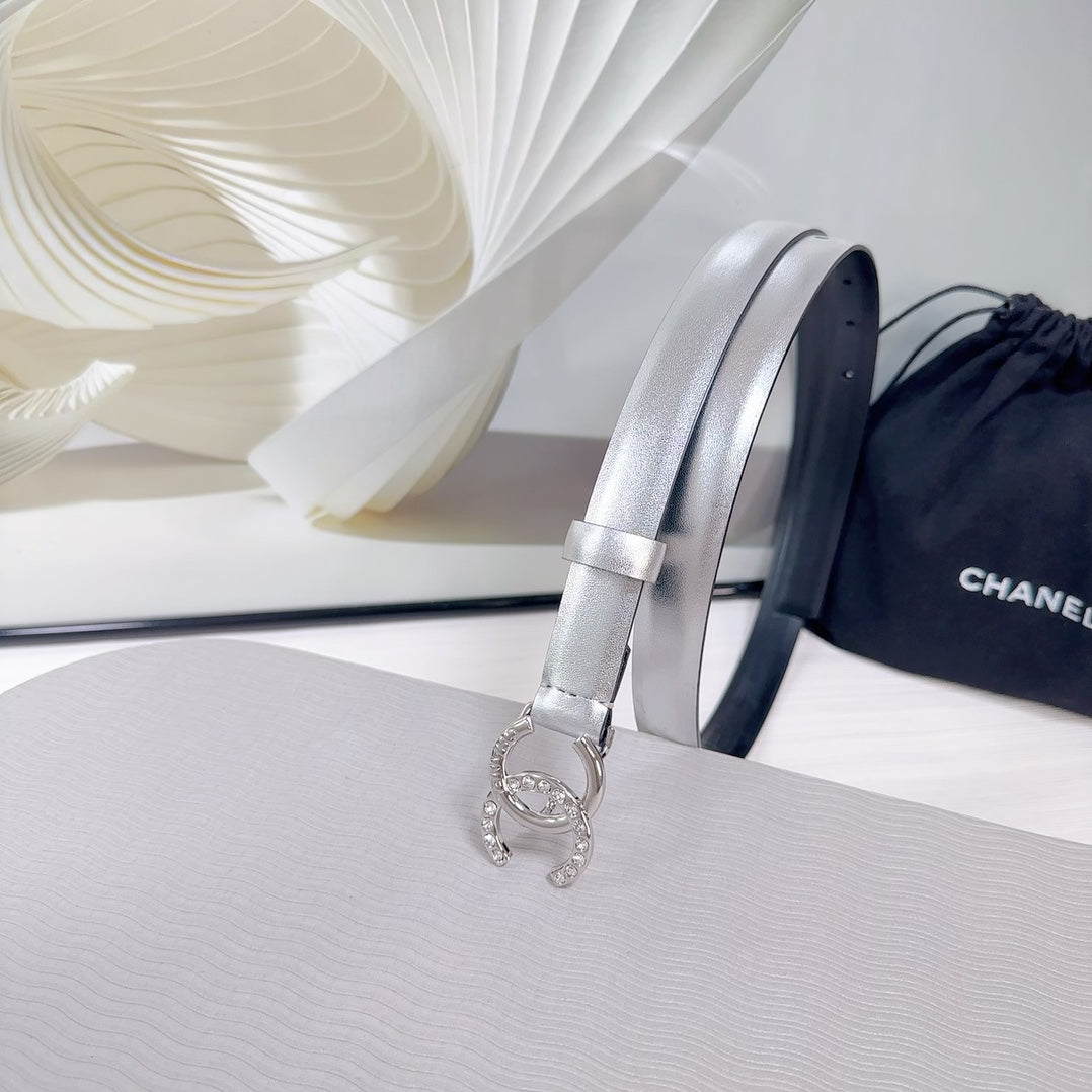 CC BELT 20 MM IN SILVER SMOOTH CALFSKIN SILVER HARDWARE ATTACH RHINSTONE