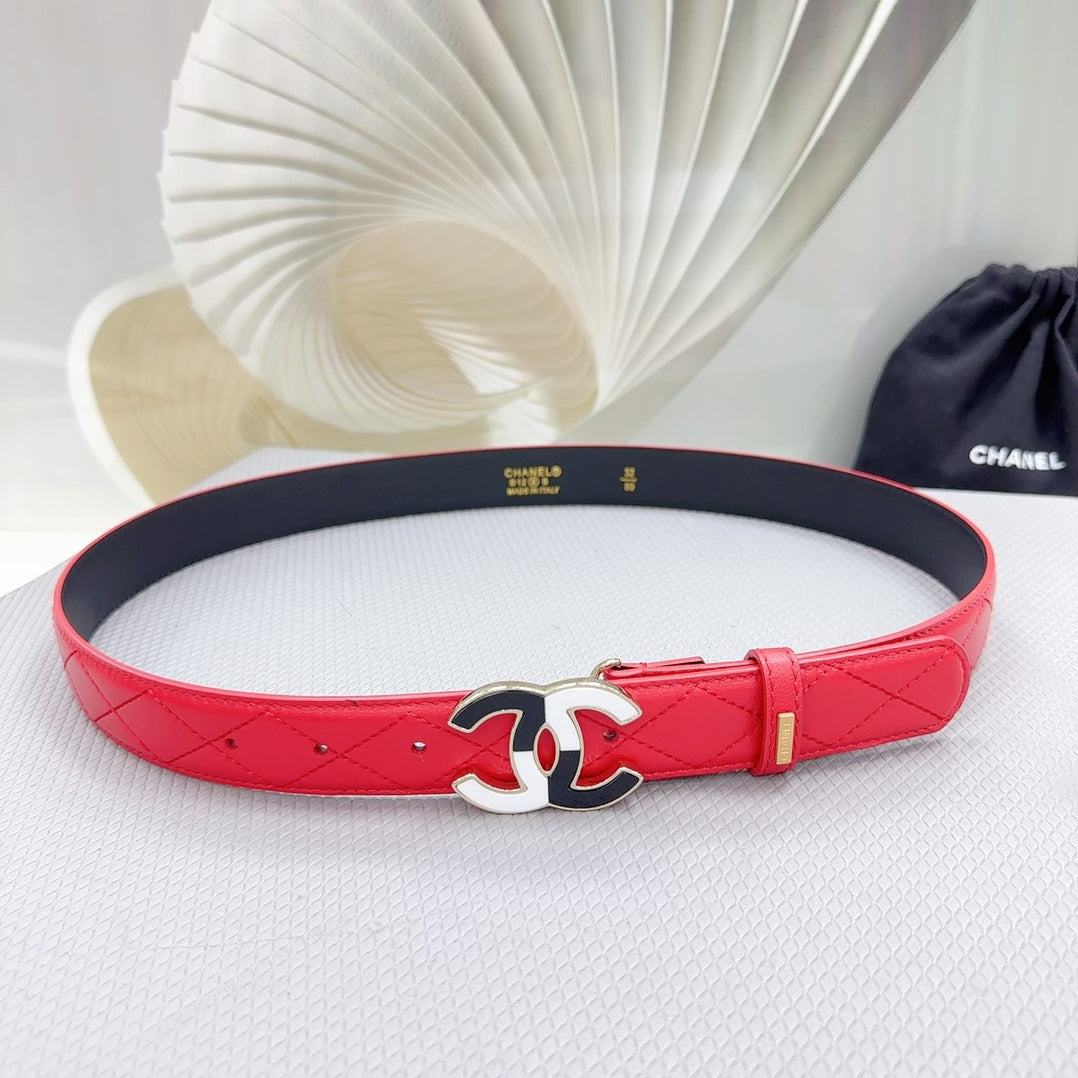 CC BELT 30 MM CHERRY RED CALFSKIN WITH BLACK MIX WHITE LOGO