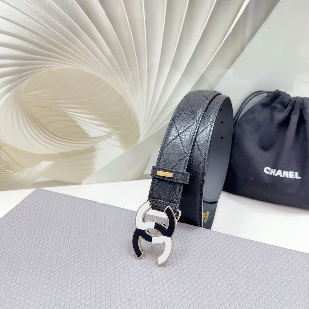 CC BELT 30 MM BLACK CALFSKIN WITH BLACK MIX WHITE LOGO