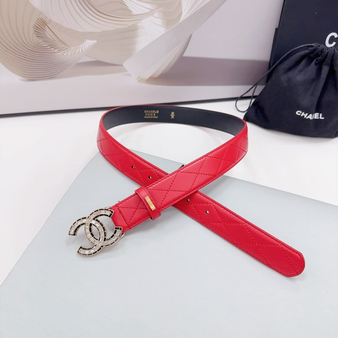 CC 30MM BELT IN CHERRY RED EMBROIDERED CALFSKIN METAL HARDWARE