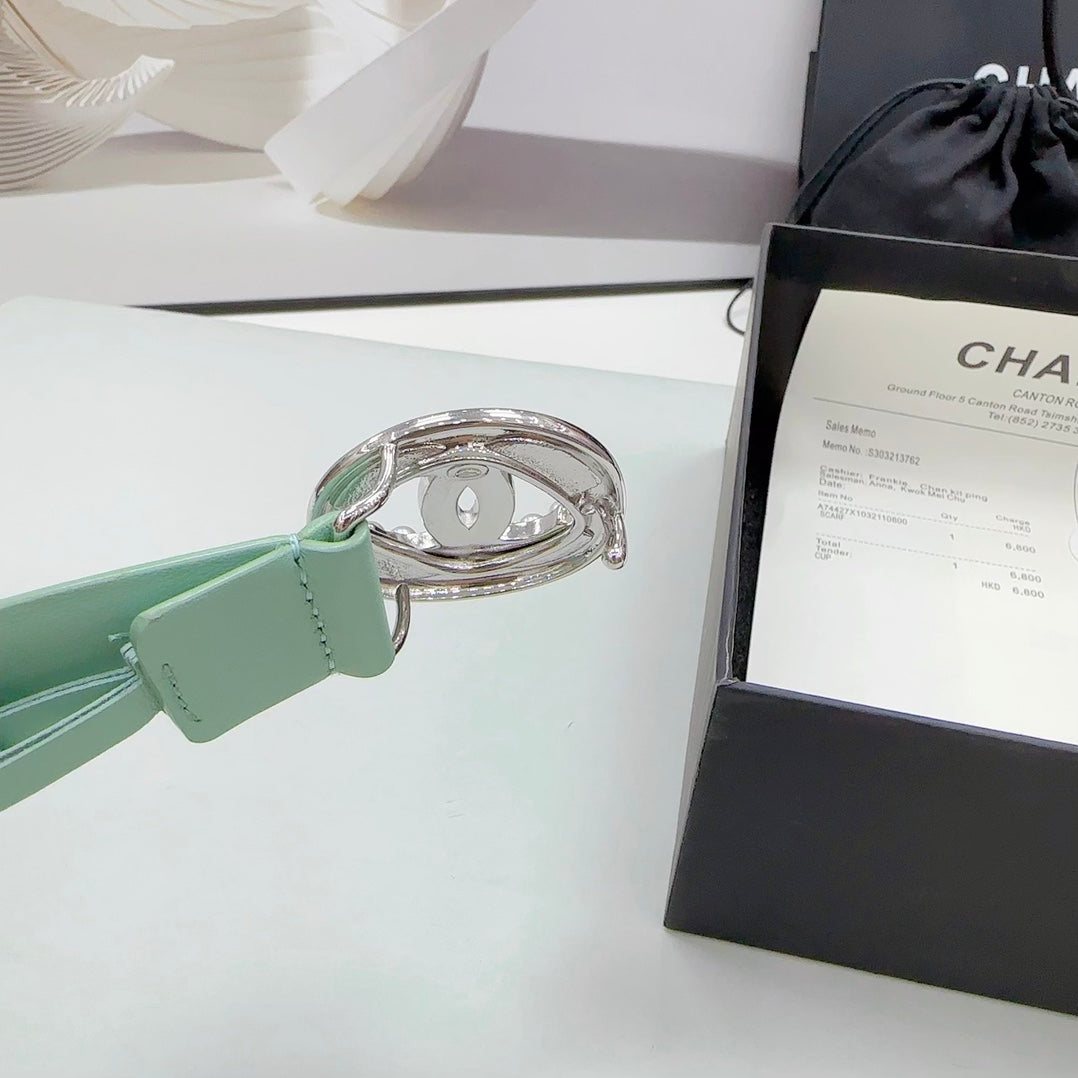 CC 30MM BELT IN GREEN MINT CALFSKIN SILVER HARDWARE ATTACH PEARLS