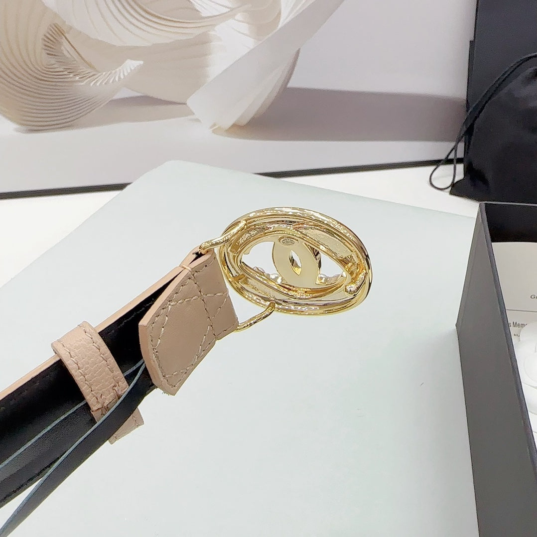 CC 30MM BELT IN CAMEL BROWN CALFSKIN GOLD HARDWARE ATTACH PEARLS