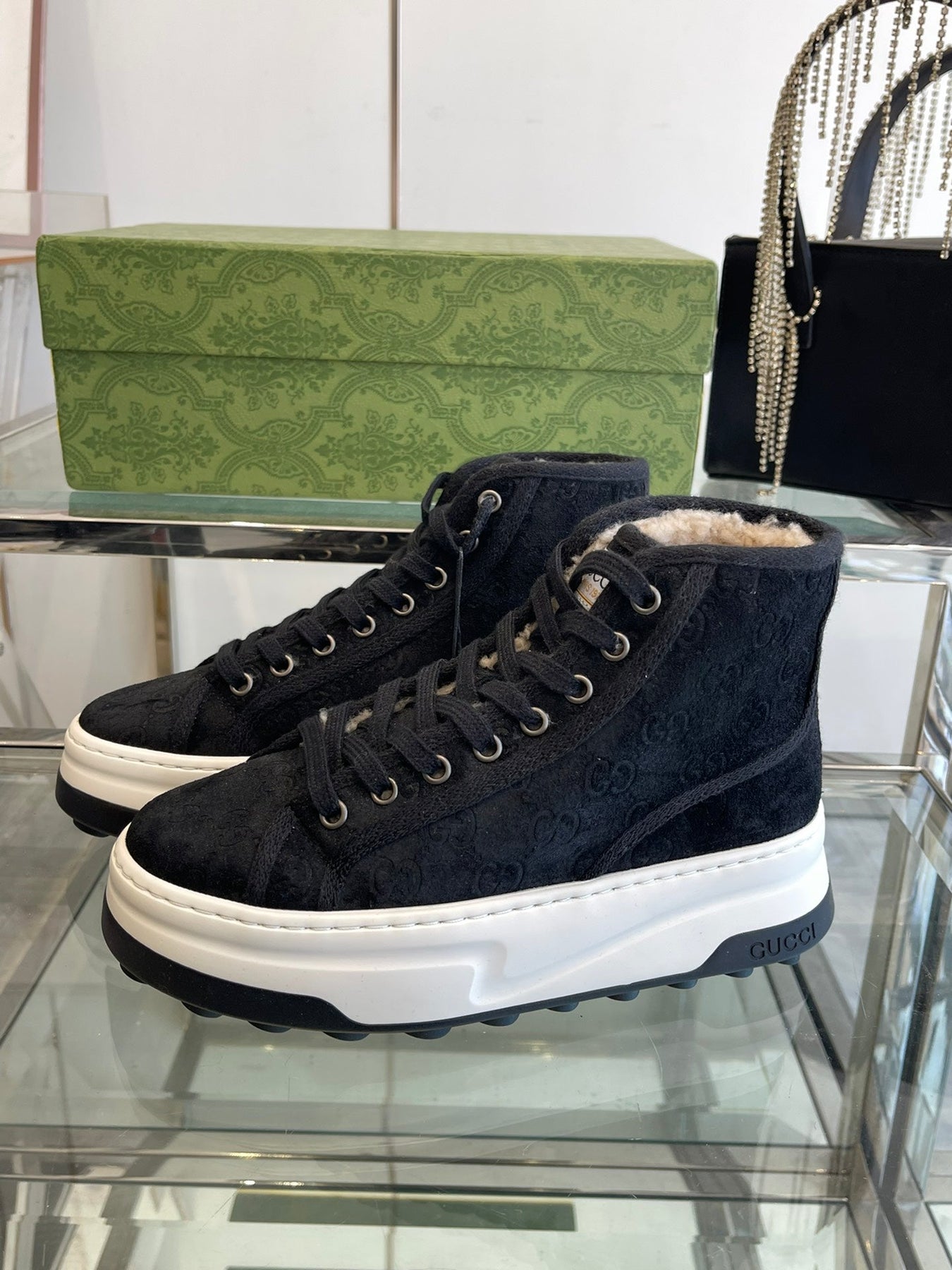 GG HIGH TOP SNEAKER IN BLACK CANVAS WITH BEIGE FLEECE LINING