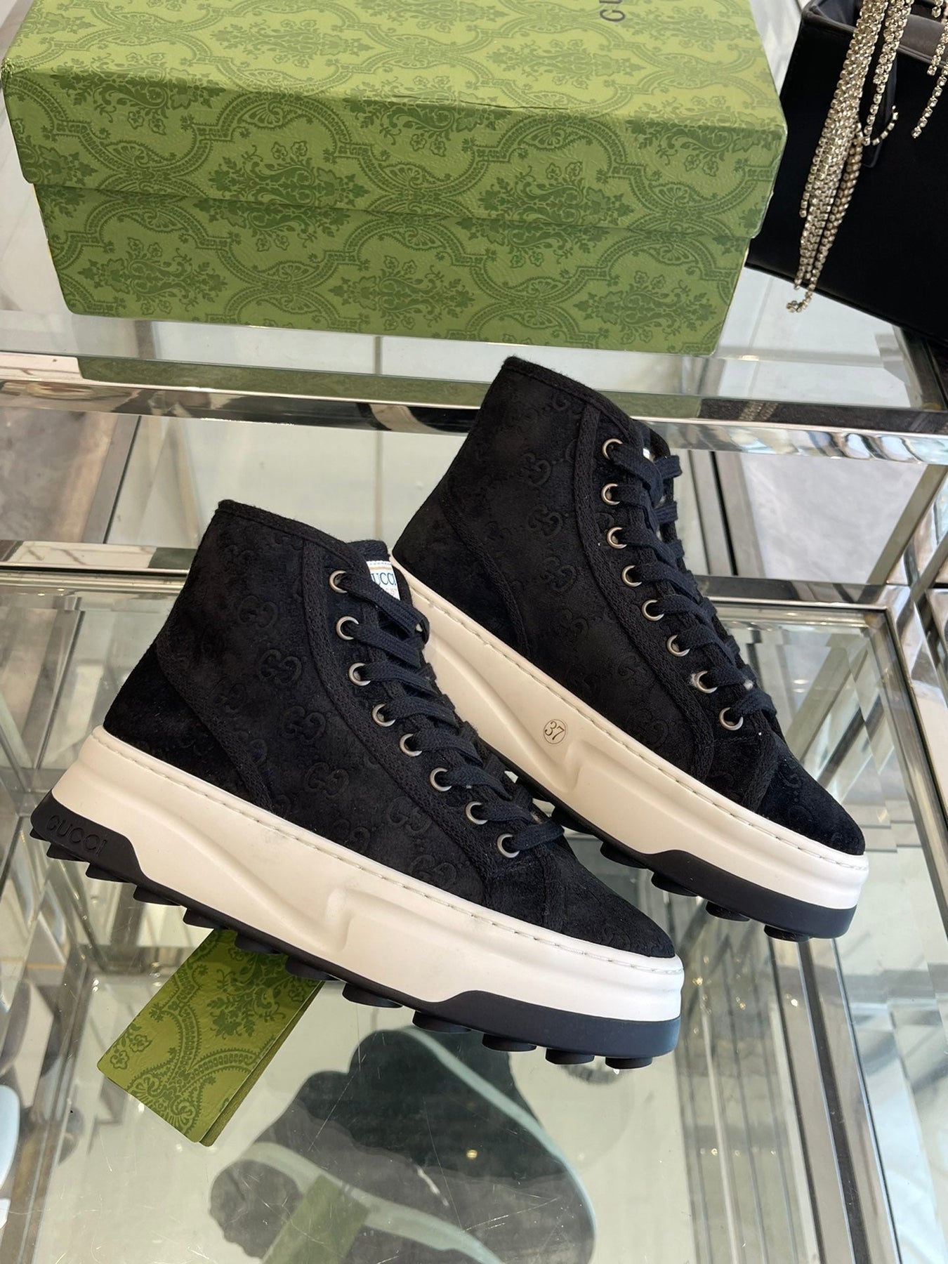 GG HIGH TOP SNEAKER IN BLACK CANVAS WITH BEIGE FLEECE LINING