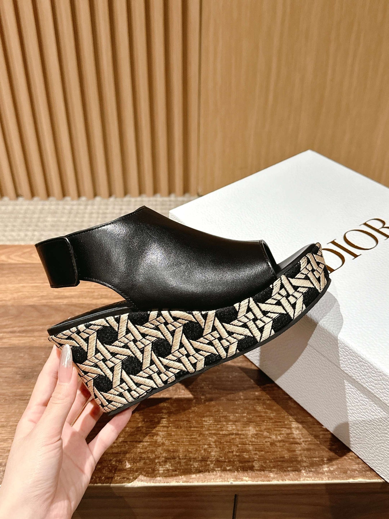 ATTITUDE WEDGE HIGH SLINGBACK 90MM IN BLACK CALFSKIN CANVAS SOLE