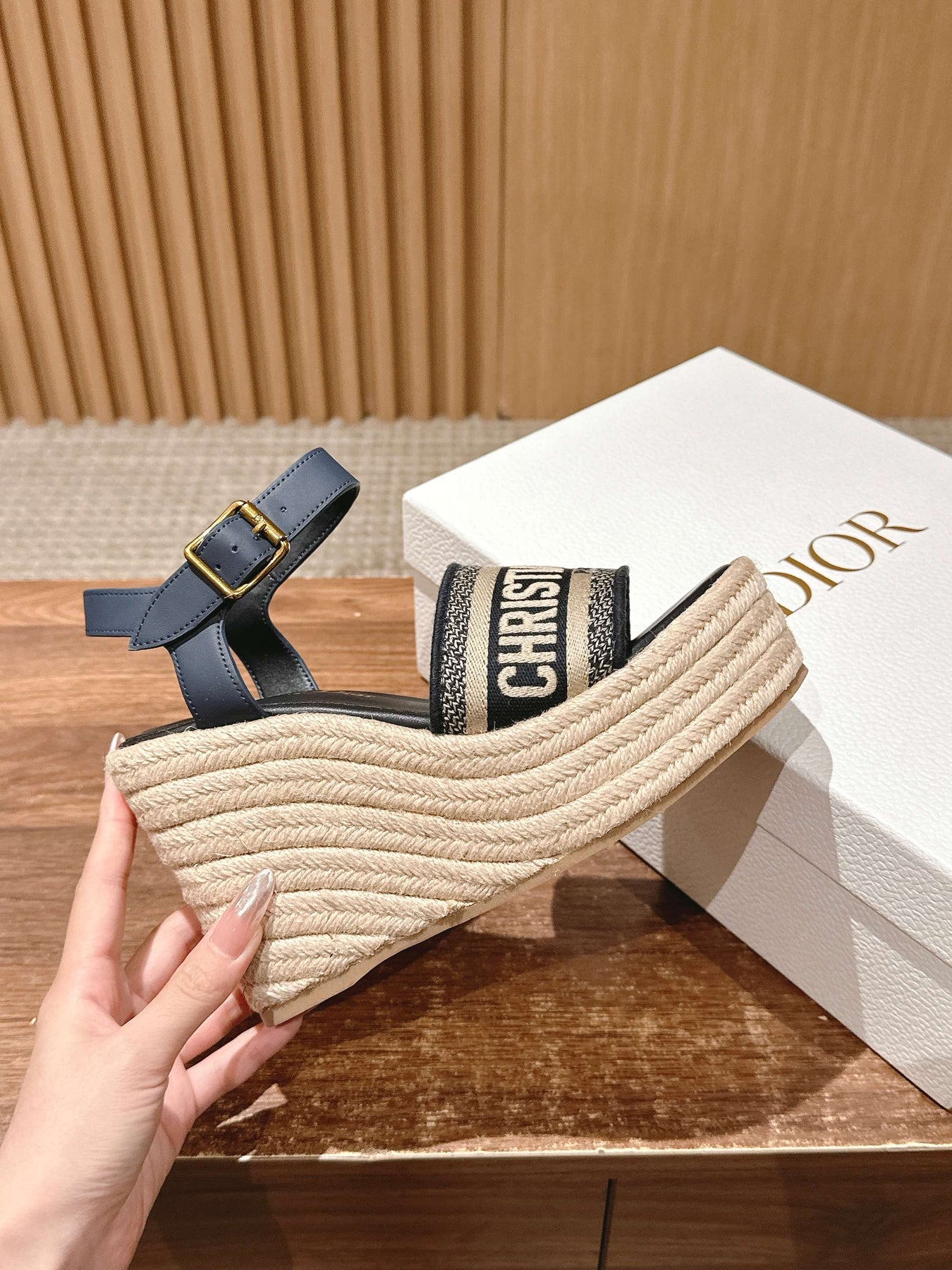 DWAY WEDGE SANDAL IN DEEP BLUE EMBROIDERED COTTON RAFFIA SOLE