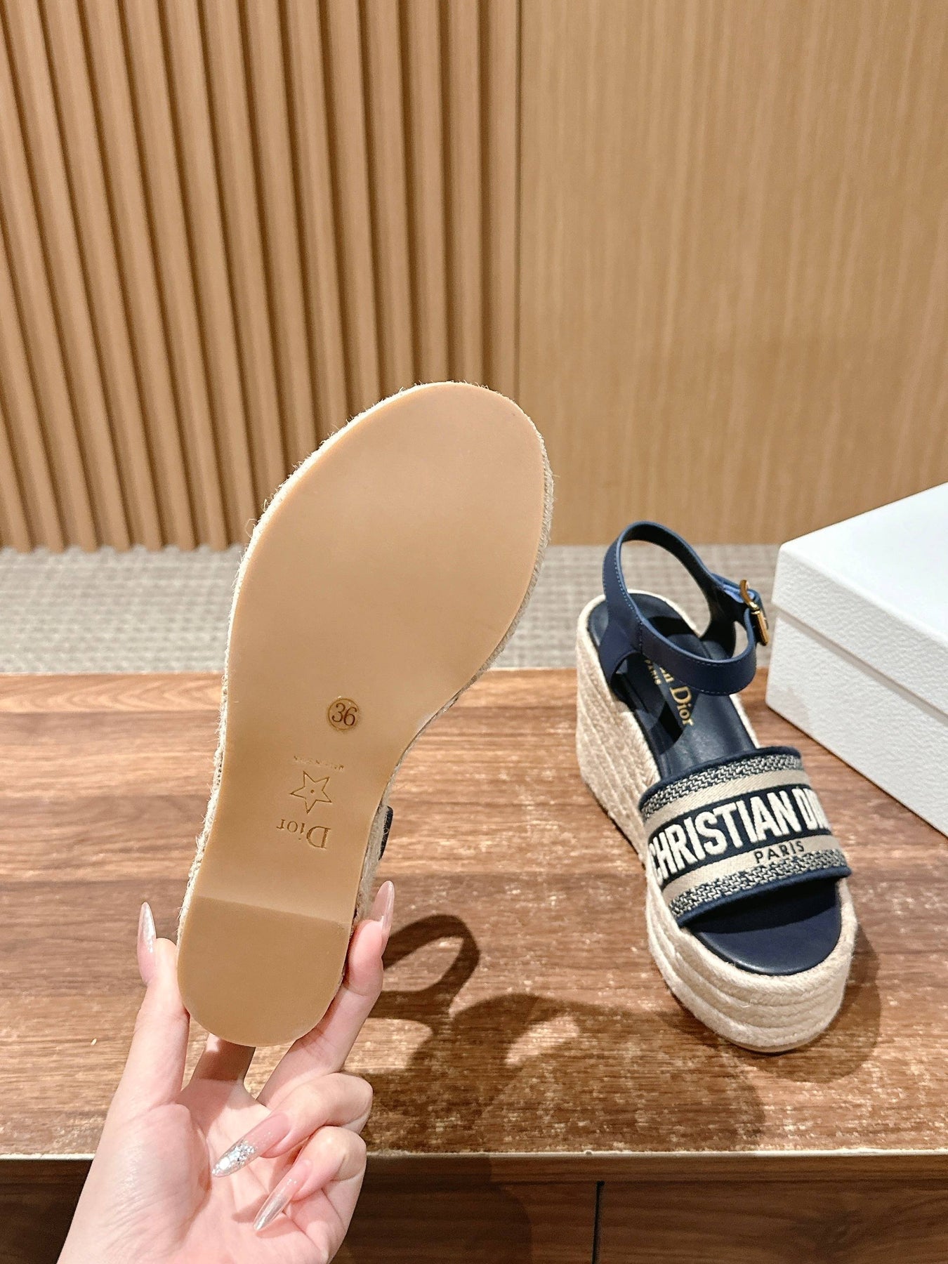 DWAY WEDGE SANDAL IN DEEP BLUE EMBROIDERED COTTON RAFFIA SOLE