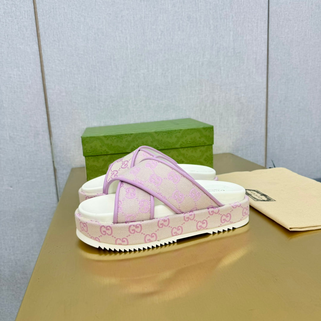 GG SLIDE SANDAL PASTEL PINK CANVAS CROSS STRAPS