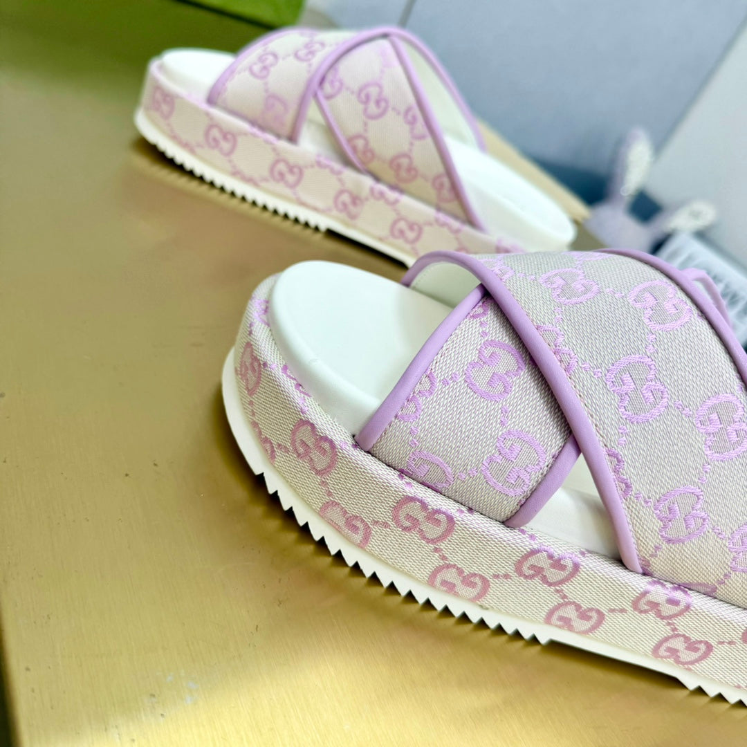GG SLIDE SANDAL PASTEL PINK CANVAS CROSS STRAPS