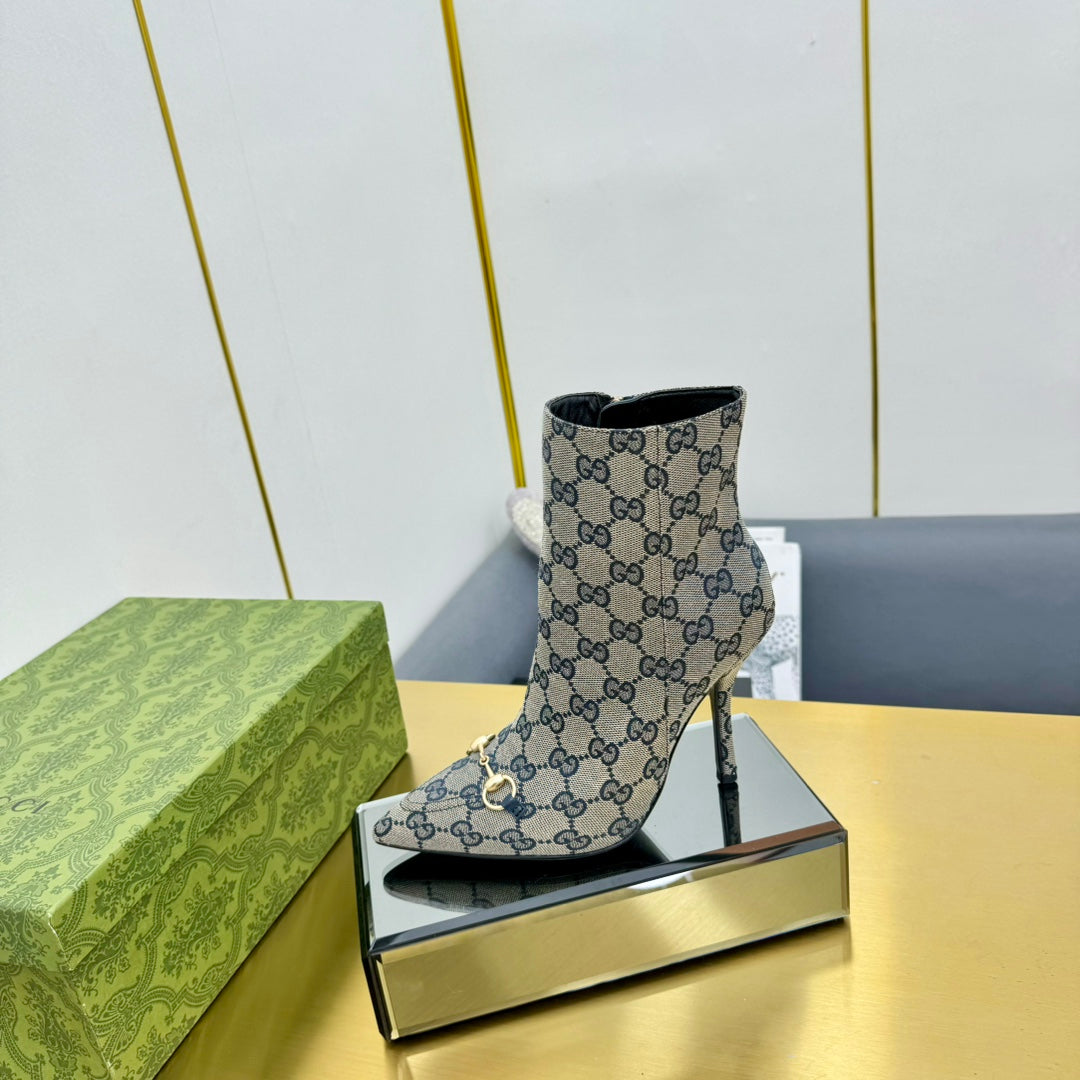 GG HORSEBIT ANKLE BOOT IN PALE GRAY MONOGRAM CANVAS