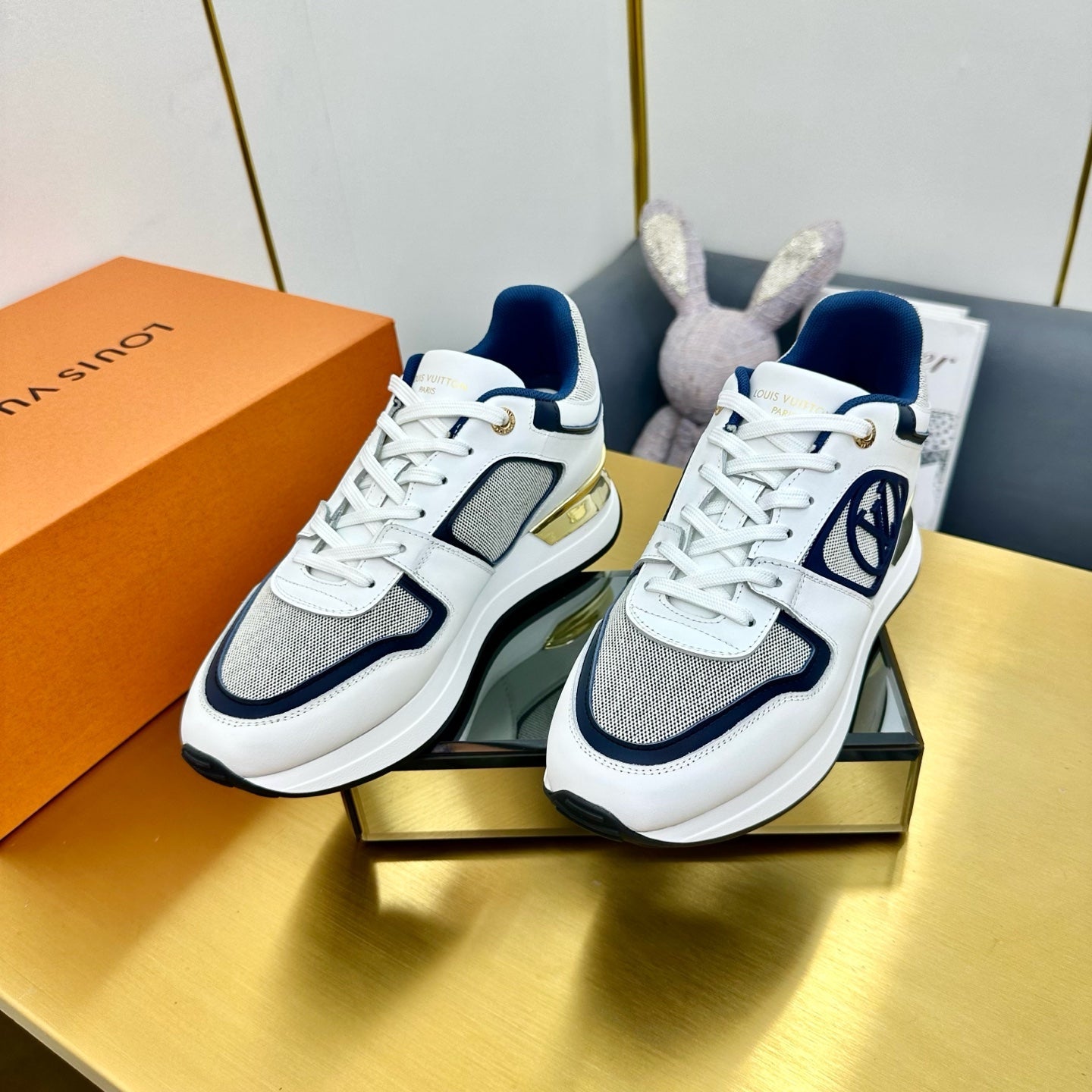 NEO RUN AWAY SNEAKER IN WHITE MIX NAVY BLUE CALFSKIN