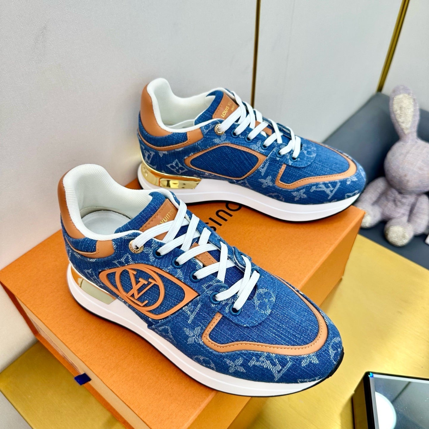 NEO RUN AWAY SNEAKER IN CLASSIC BLUE MONOGRAM DENIM AND ORANGE CALFSKIN