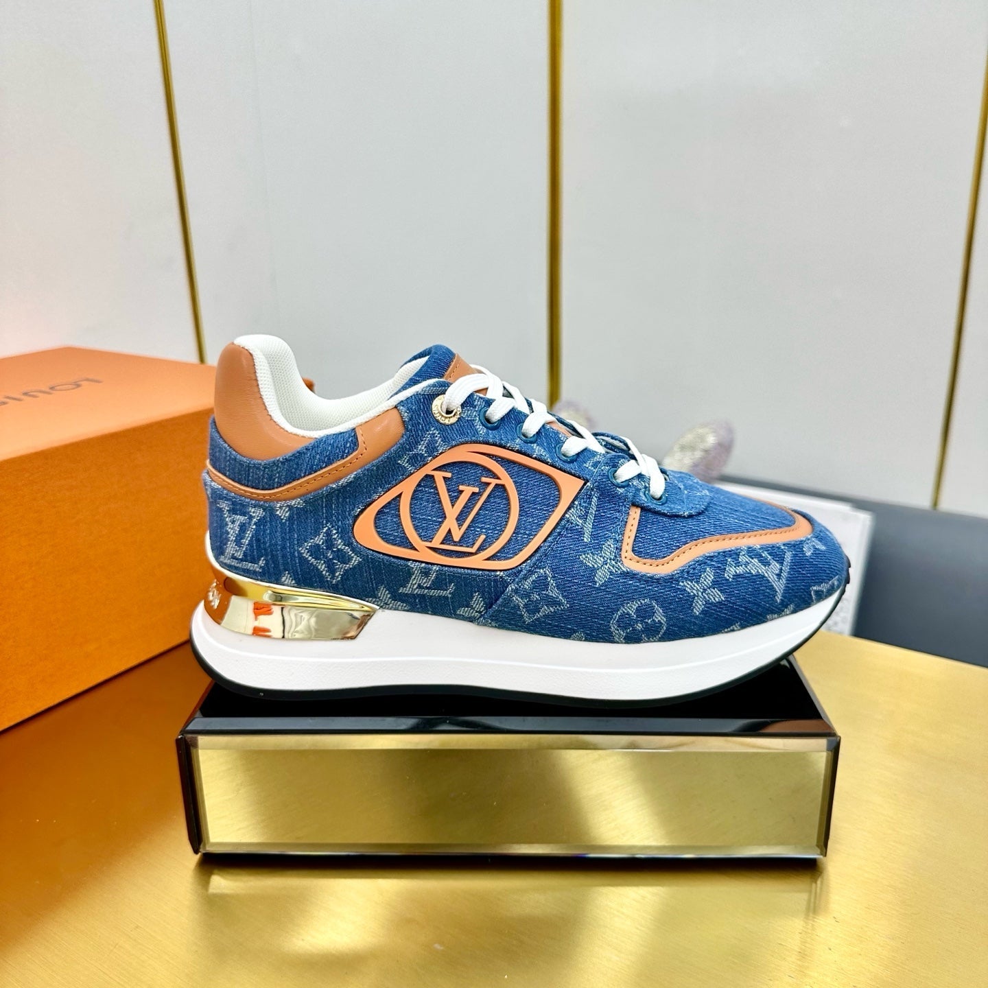 NEO RUN AWAY SNEAKER IN CLASSIC BLUE MONOGRAM DENIM AND ORANGE CALFSKIN