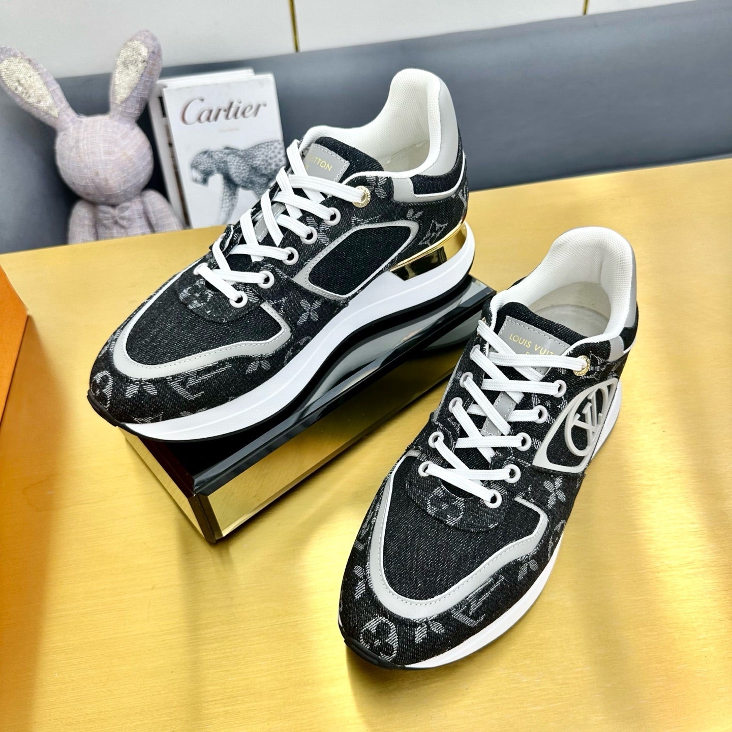 NEO RUN AWAY SNEAKER IN BLACK MONOGRAM DENIM FABRIC