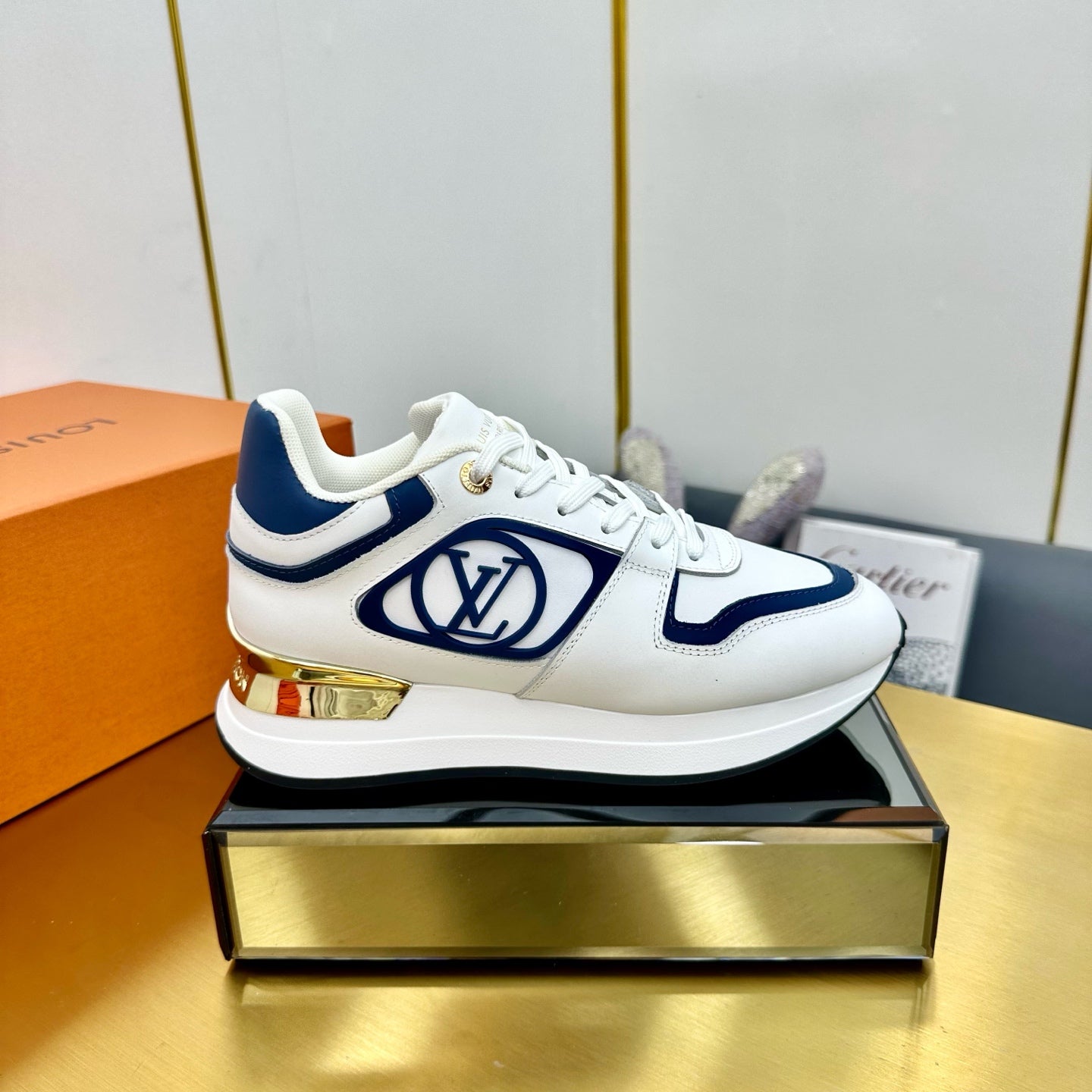 NEO RUN AWAY SNEAKER IN WHITE MIX COBALT BLUE CALFSKIN