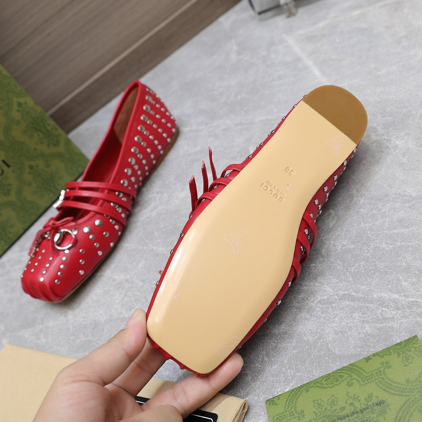 GG HORSEBIT BALLET FLAT RED HORIZONTAL STRAPS LAMBSKIN