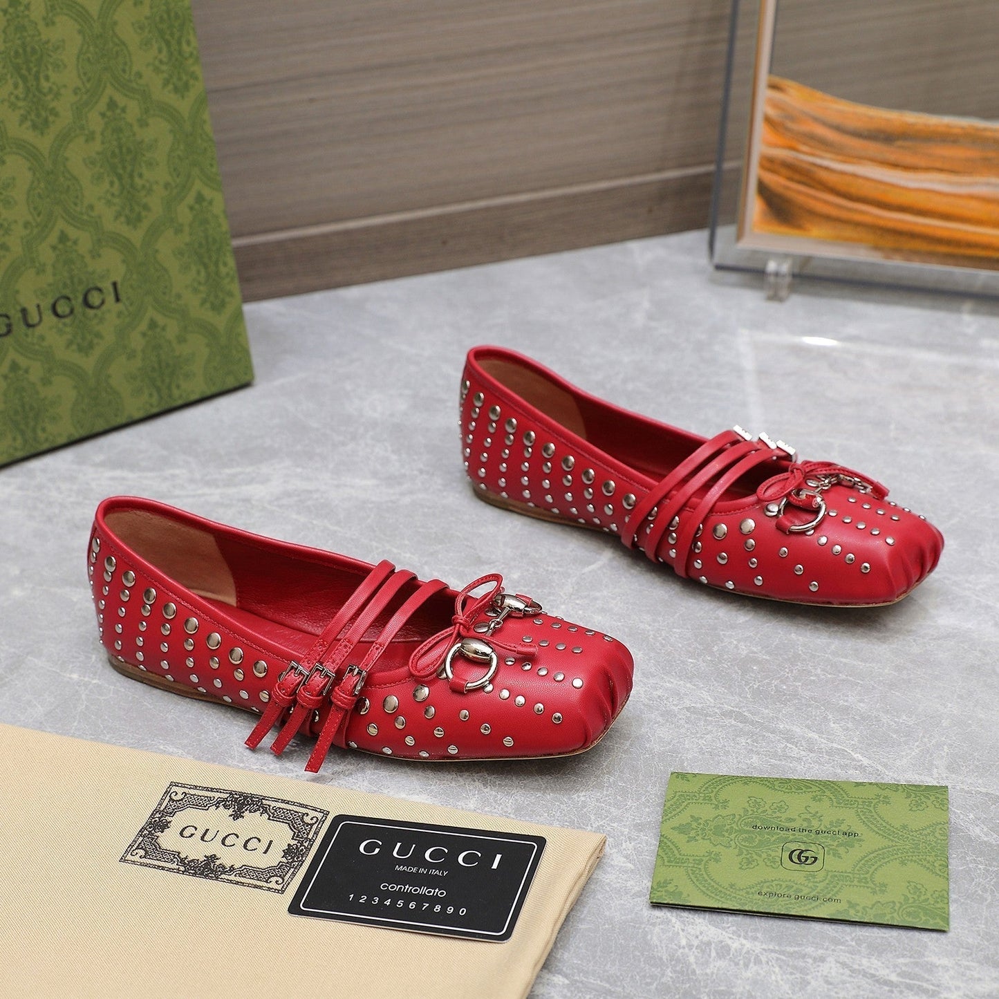 GG HORSEBIT BALLET FLAT RED HORIZONTAL STRAPS LAMBSKIN