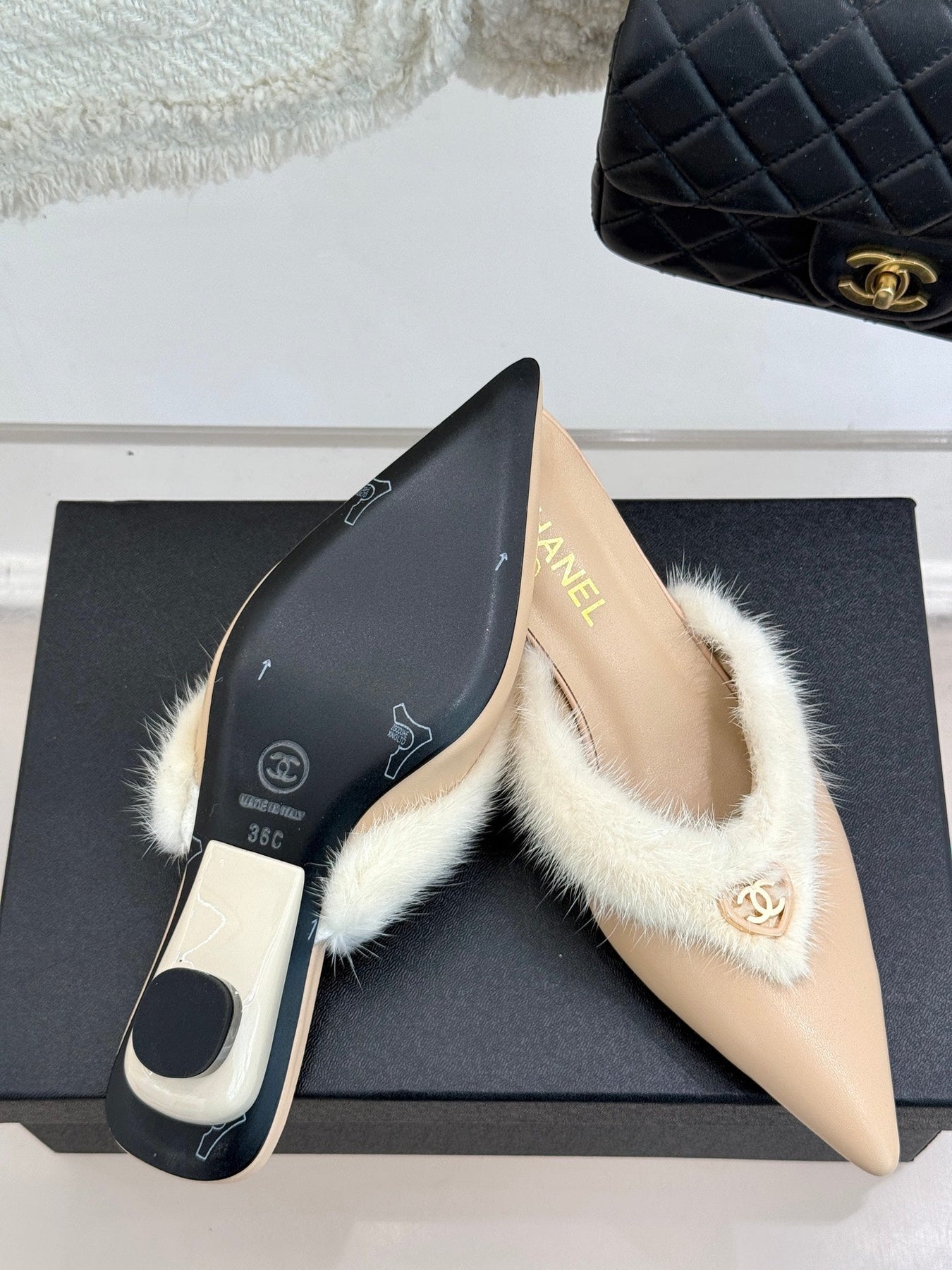 RABBIT FUR POINTED-TOE MULE IN BISQUE BEIGE LAMBSKIN