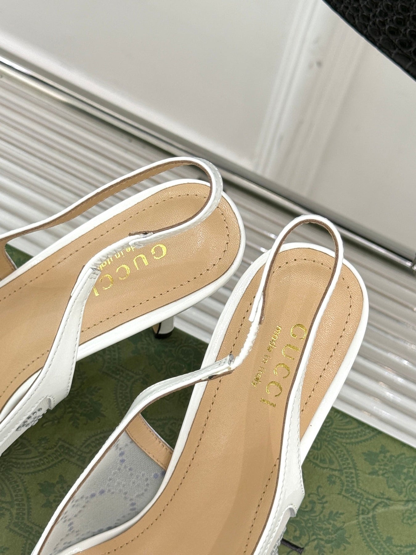 GG HIGH SLINGBACK 8.5 CM IN WHITE CLASSIC POINTED-TOE MESH WITH RHINESTONE EMBELLISHMENTS