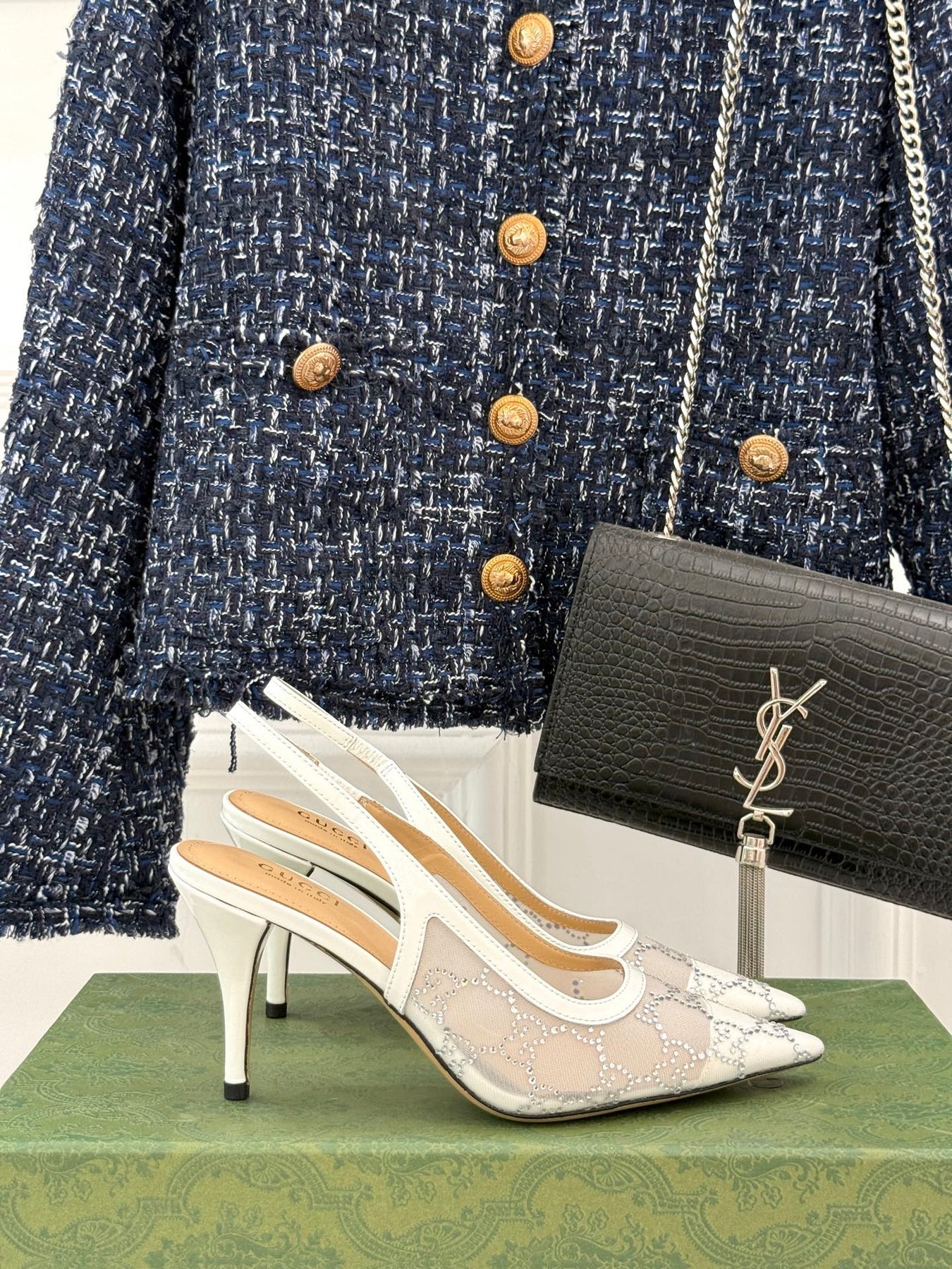 GG HIGH SLINGBACK 8.5 CM IN WHITE CLASSIC POINTED-TOE MESH WITH RHINESTONE EMBELLISHMENTS