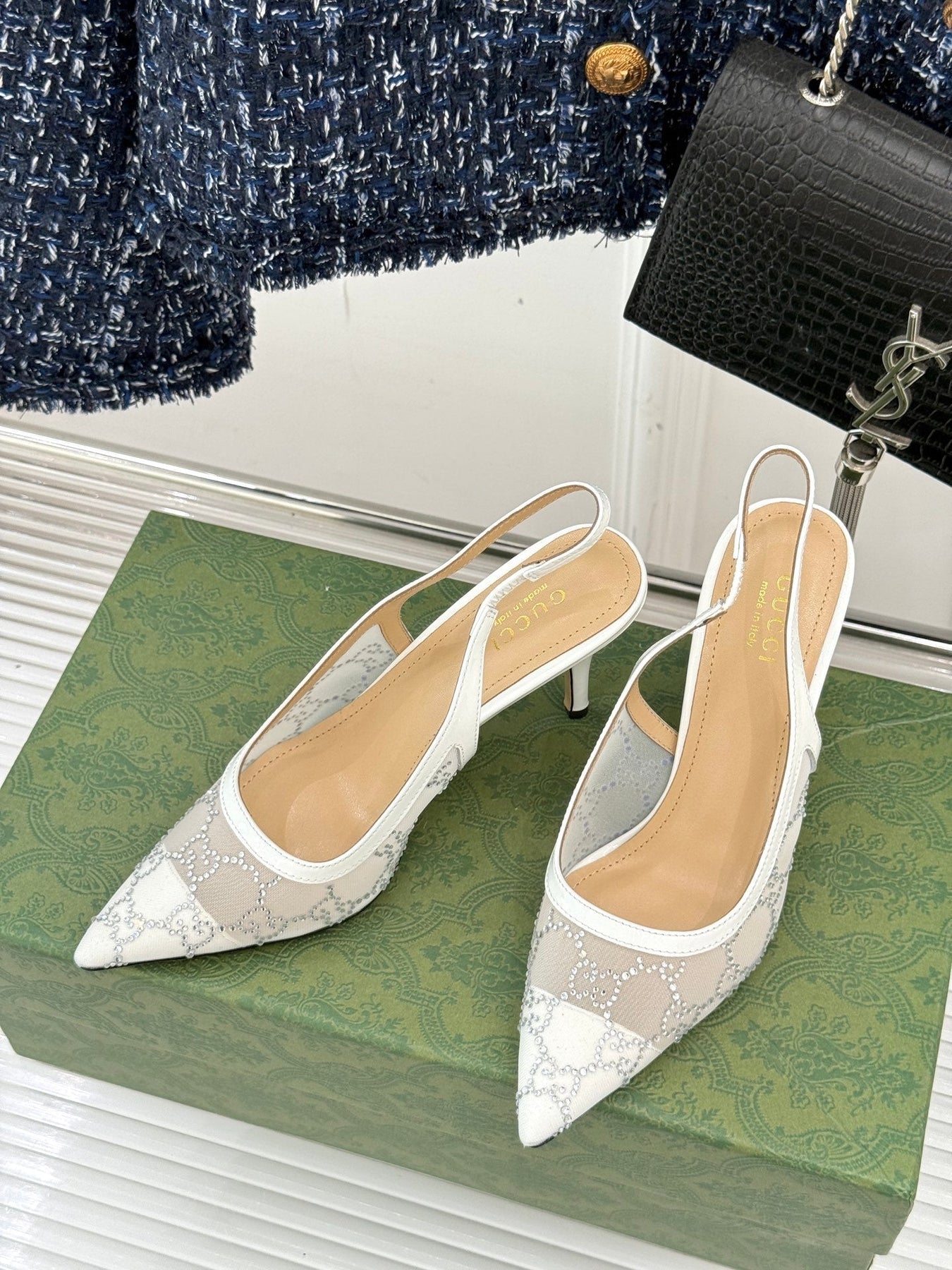 GG HIGH SLINGBACK 8.5 CM IN WHITE CLASSIC POINTED-TOE MESH WITH RHINESTONE EMBELLISHMENTS