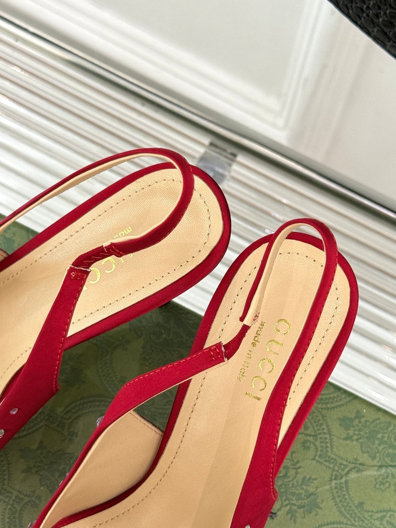HIGH SLINGBACK 8.5 CM IN RED FABRIC WITH RHINESTONE EMBELLISHMENTS