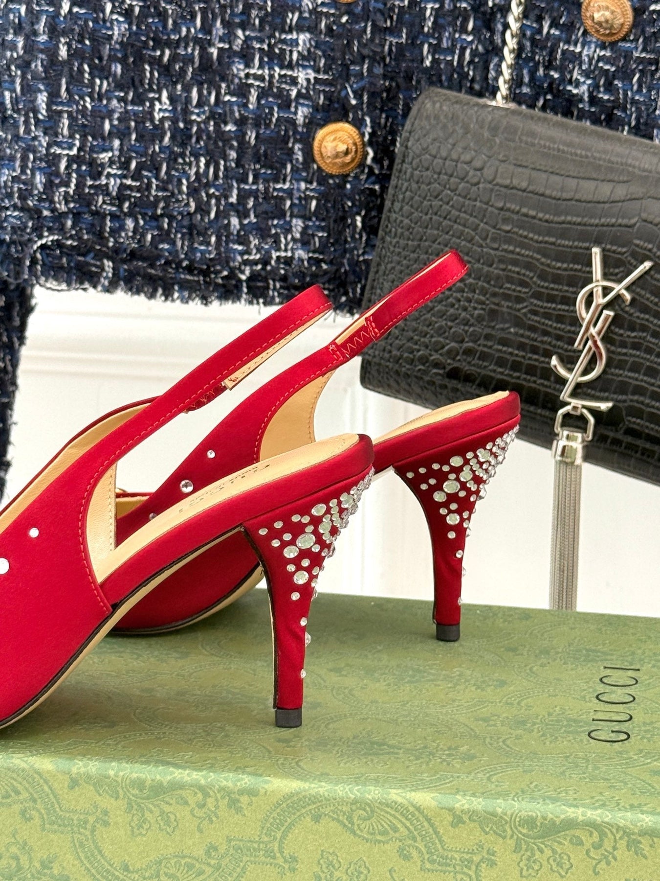 HIGH SLINGBACK 8.5 CM IN RED FABRIC WITH RHINESTONE EMBELLISHMENTS