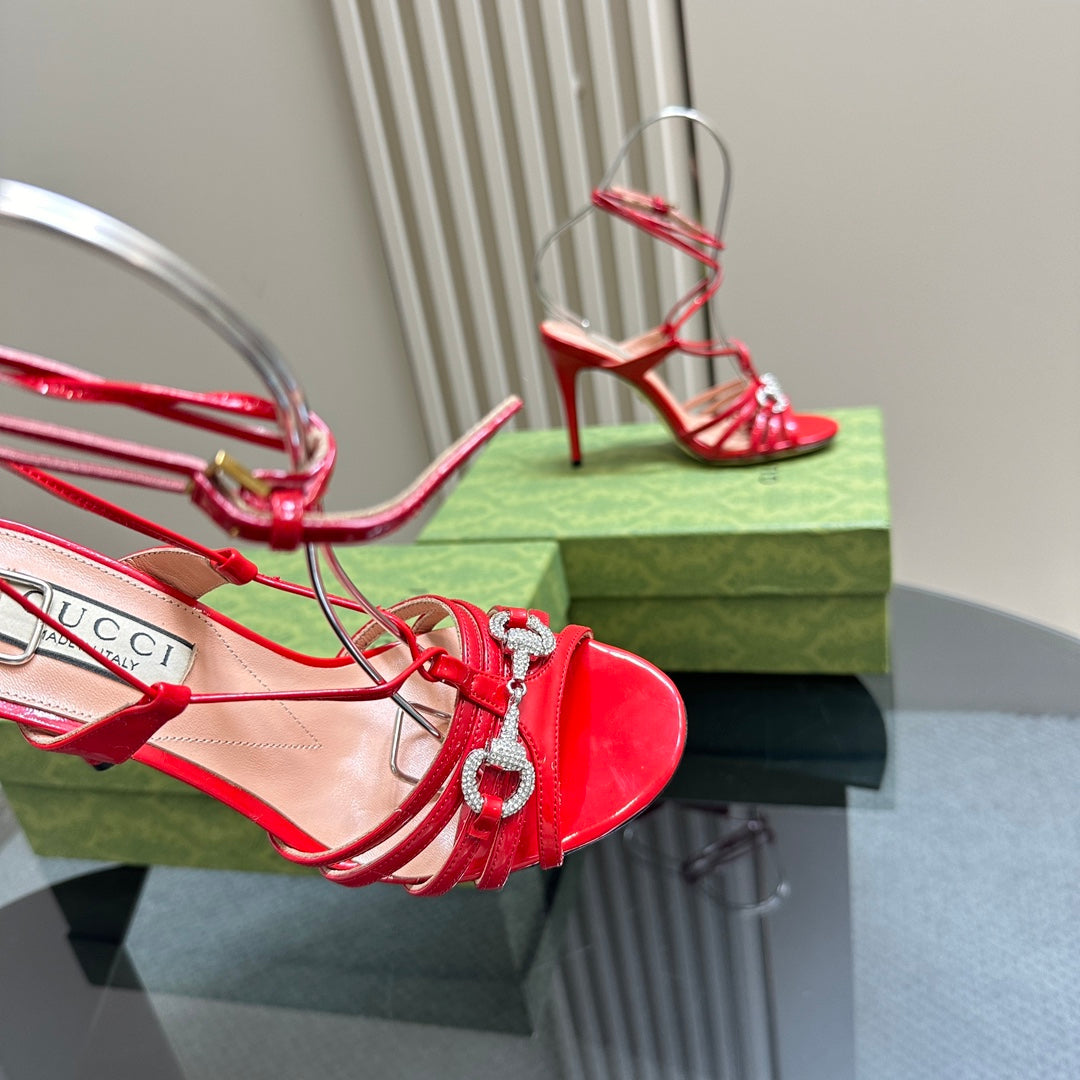 CRYSTAL HORSEBIT STRAPPY SANDAL 10.5CM IN RED PATENT LEATHER