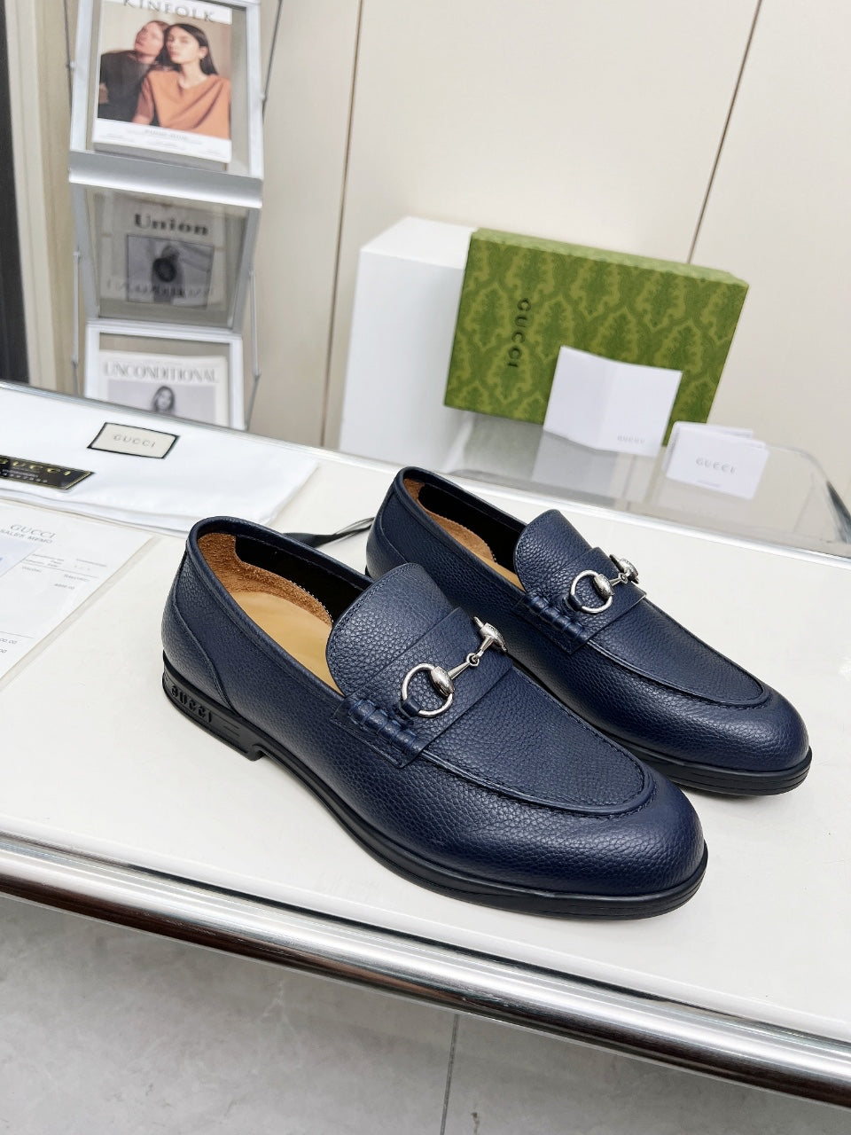 LOAFERS WITH SILVER HARDWARE IN NAVY BLUE GRAINED CALFSKIN