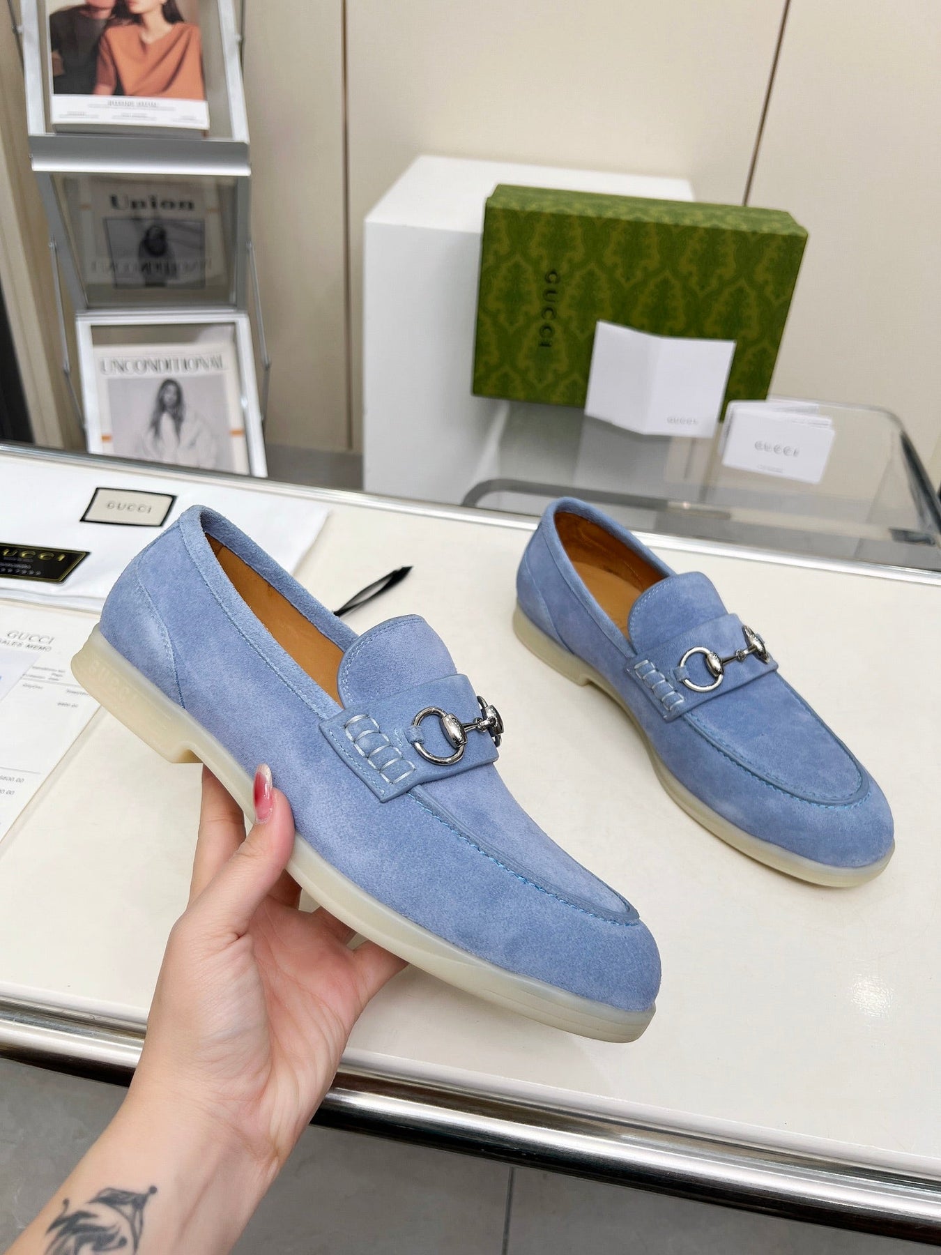 LOAFERS WITH SILVER HARDWARE IN CORNFLOWER BLUE SUEDE