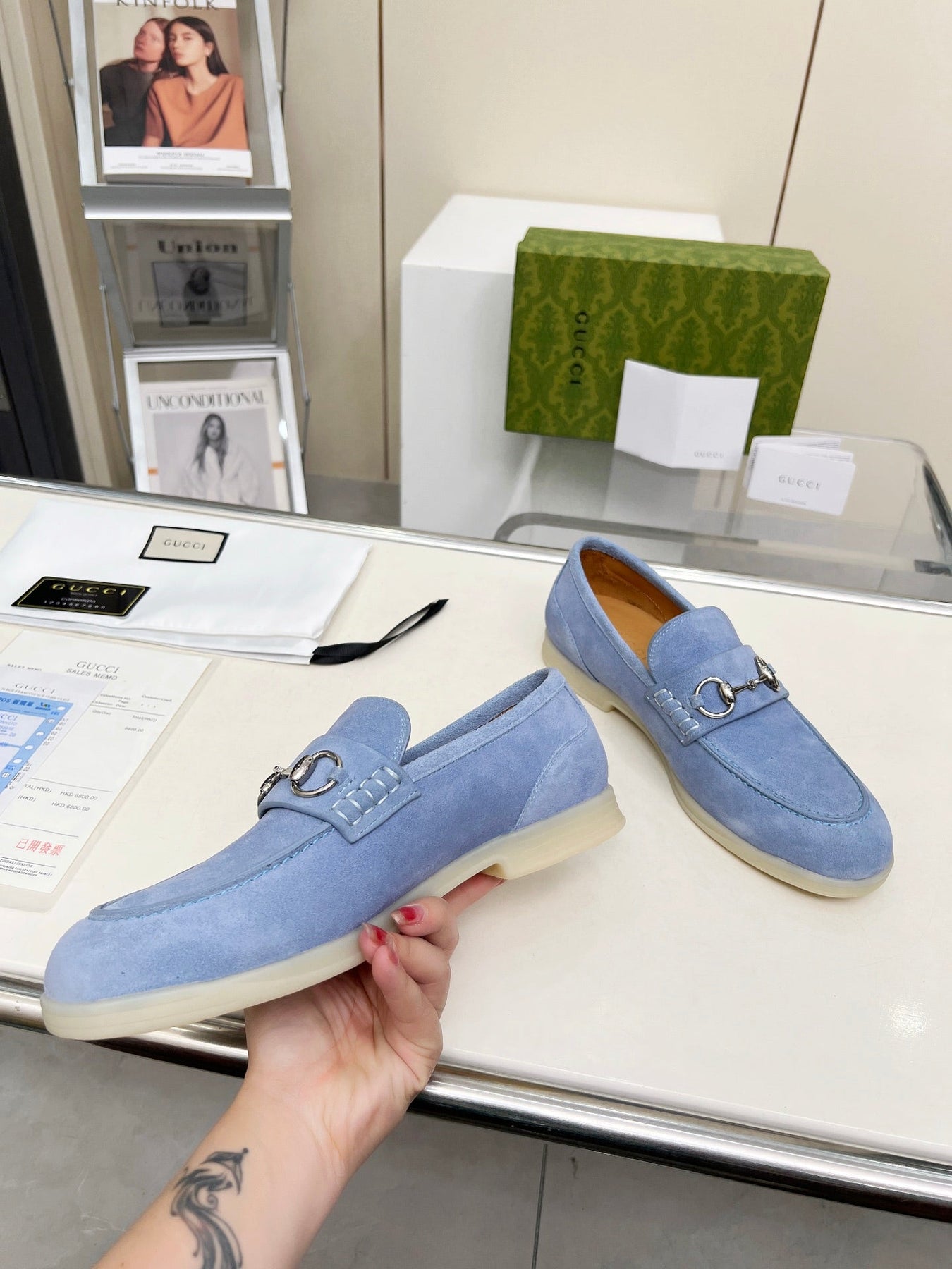 LOAFERS WITH SILVER HARDWARE IN CORNFLOWER BLUE SUEDE