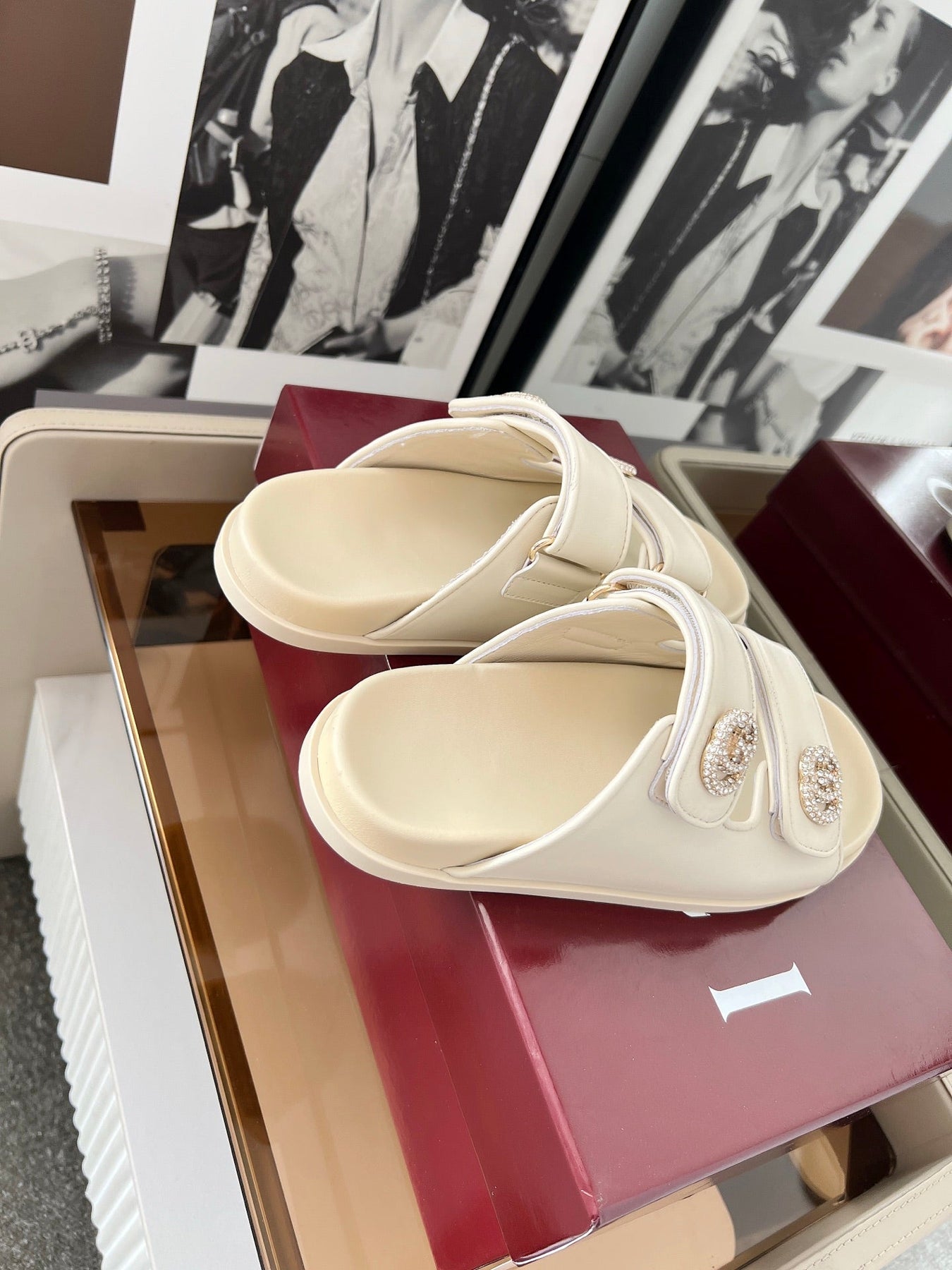 DOUBLE G CRYSTAL FLAT SANDALS IN IVORY SOFT LAMBSKIN