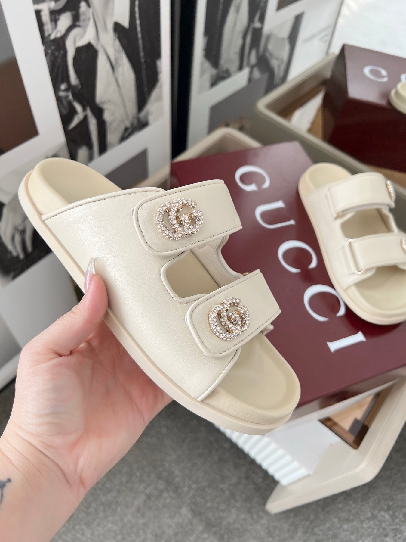 DOUBLE G CRYSTAL FLAT SANDALS IN IVORY SOFT LAMBSKIN