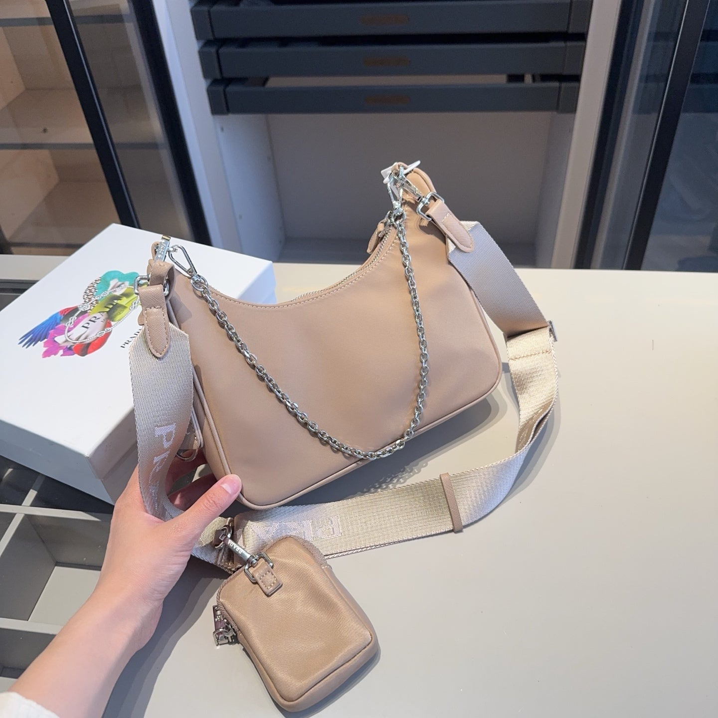 HOBO RE-EDITION BAG 26 IN TAN BROWN RE-NYLON SILVER HARDWARE