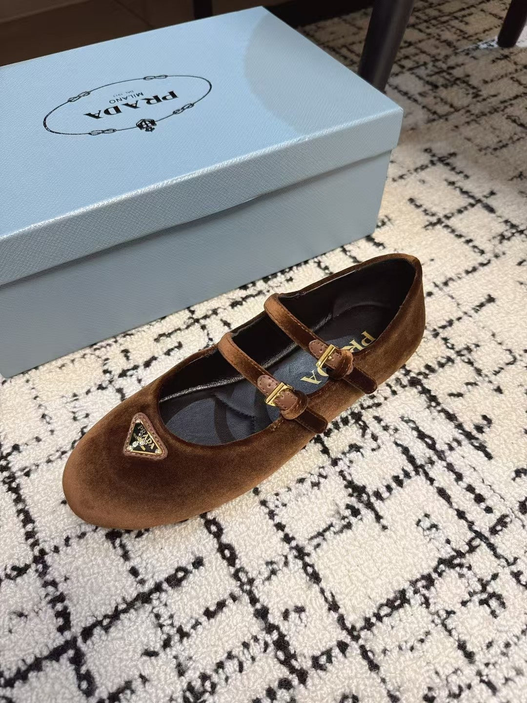 MARY JANE FLAT WITH TRIANGLE LOGO IN RUSSET BROWN VELVET