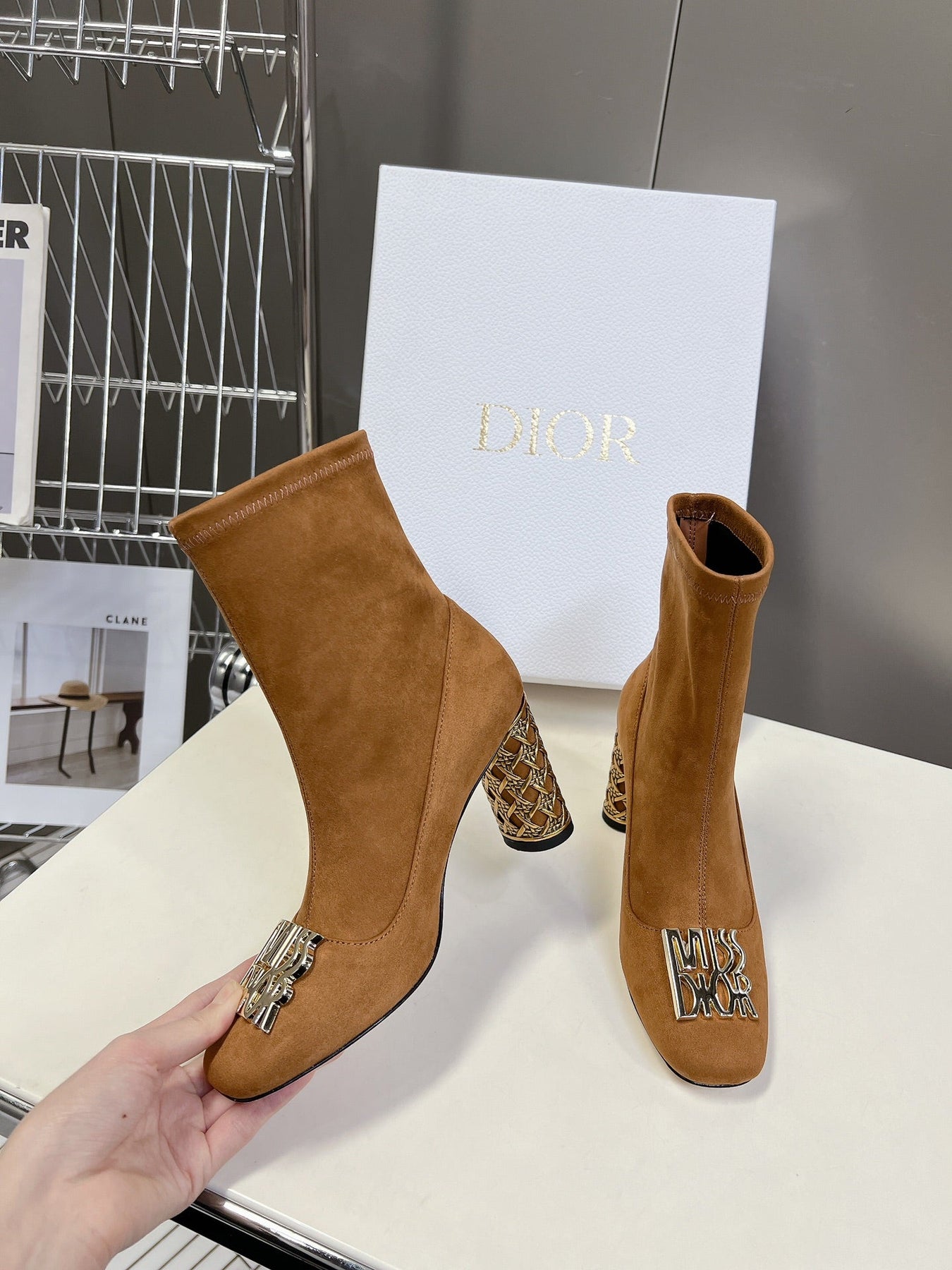 ICON HEELED ANKLE BOOT BRONZE BROWN SUEDE 8 CM WITH GOLD LOGO