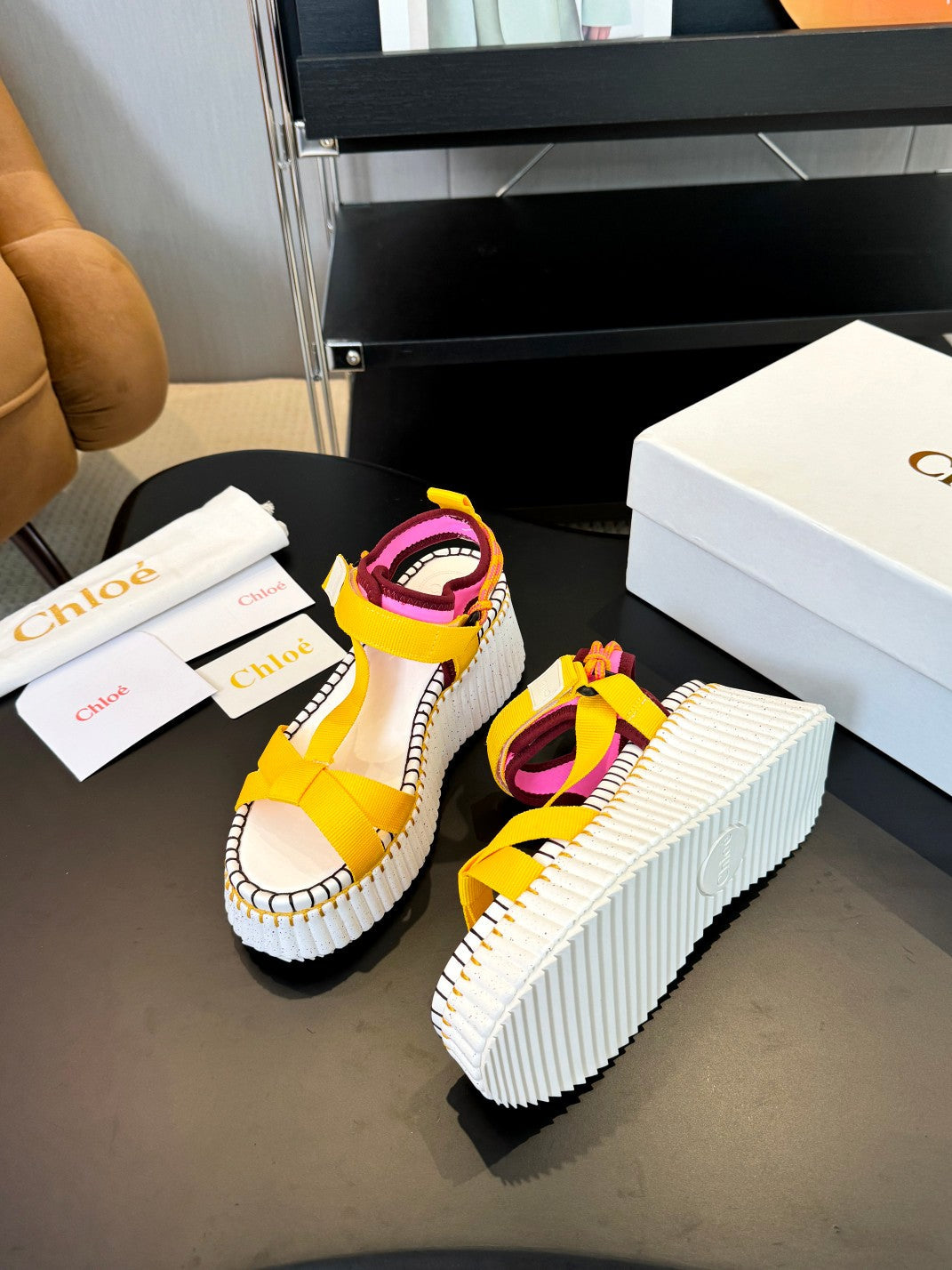 NAMA WEDGE SANDALS IN BRIGHT YELLOW FABRIC AND WHITE RUBBER