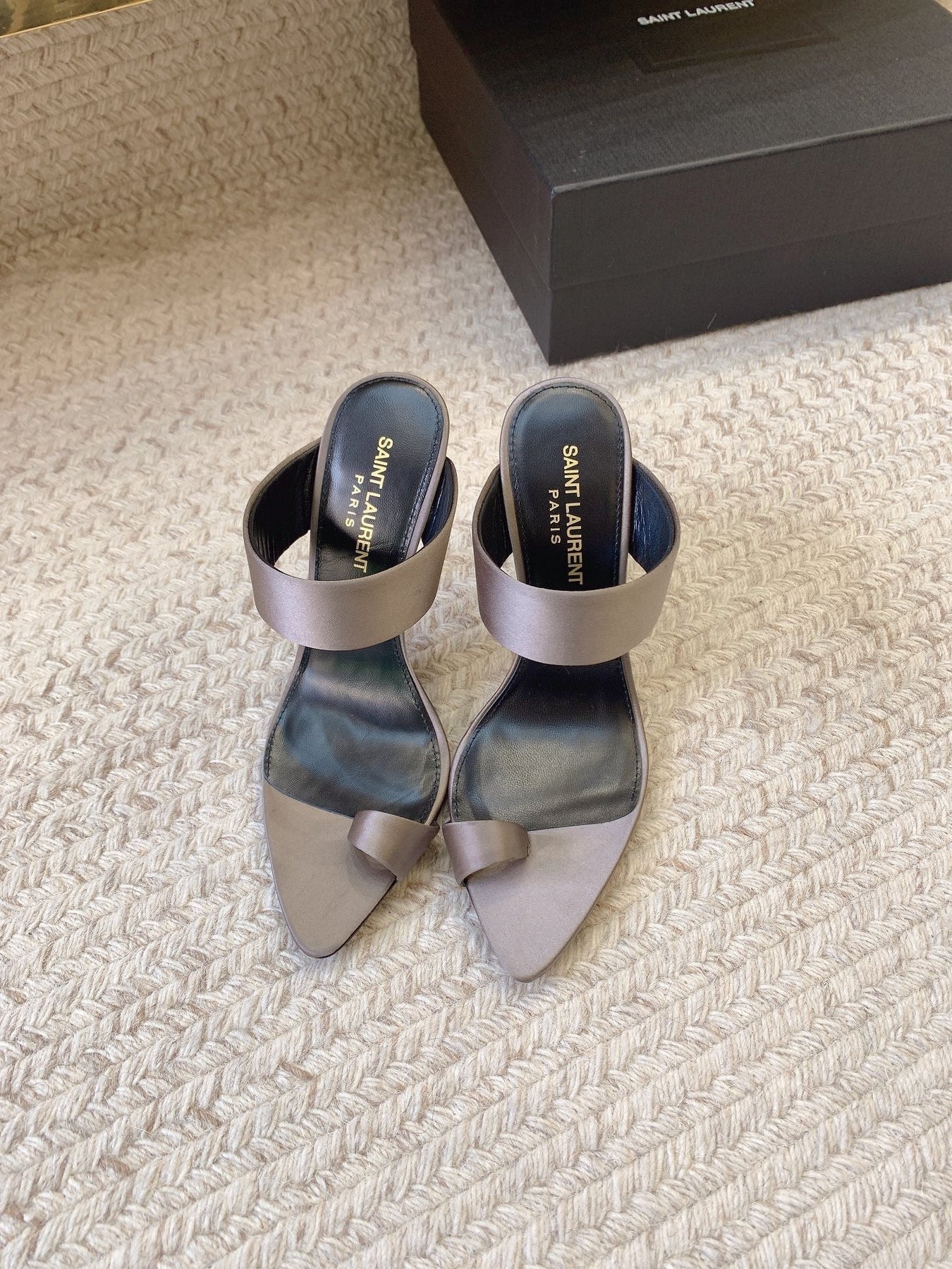 MARTHA POINTED OPEN-TOE HIGH MULES IN GRAY SILK