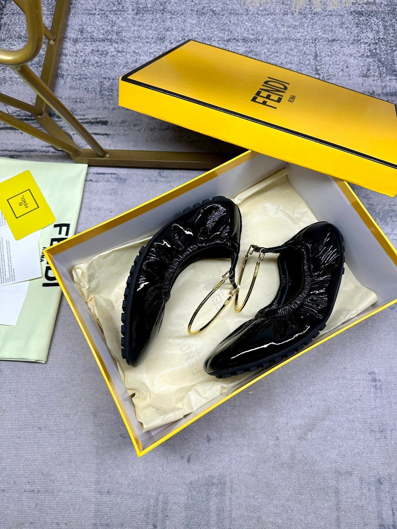 FENDI FILO BALLET IN BLACK LAMBSKIN WITH GOLD HARDWARE