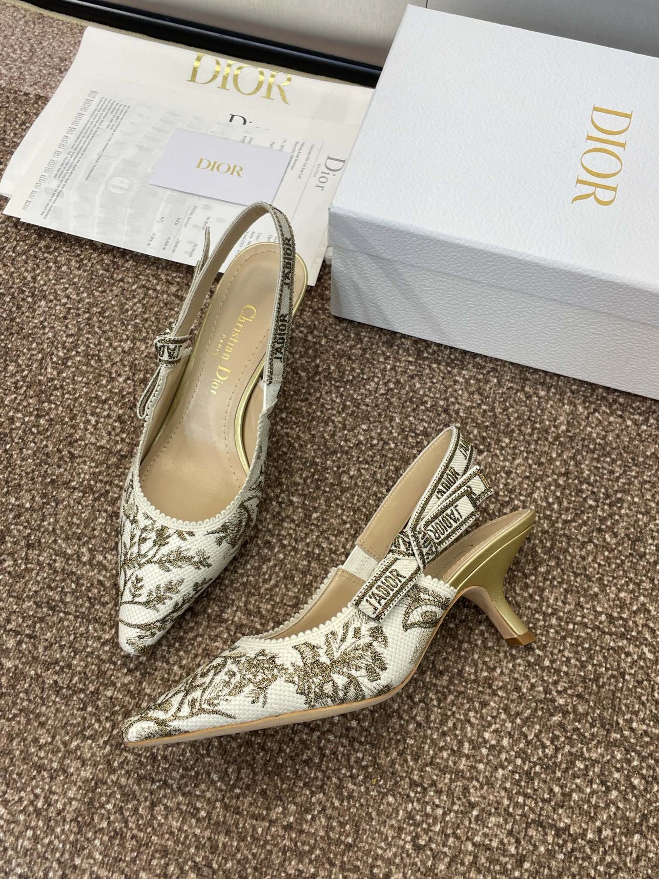 J'ADIOR HIGH SLINGBACK PUMP WHITE AND GOLD-TONE MILLEFIORI JACQUARD 65 MM