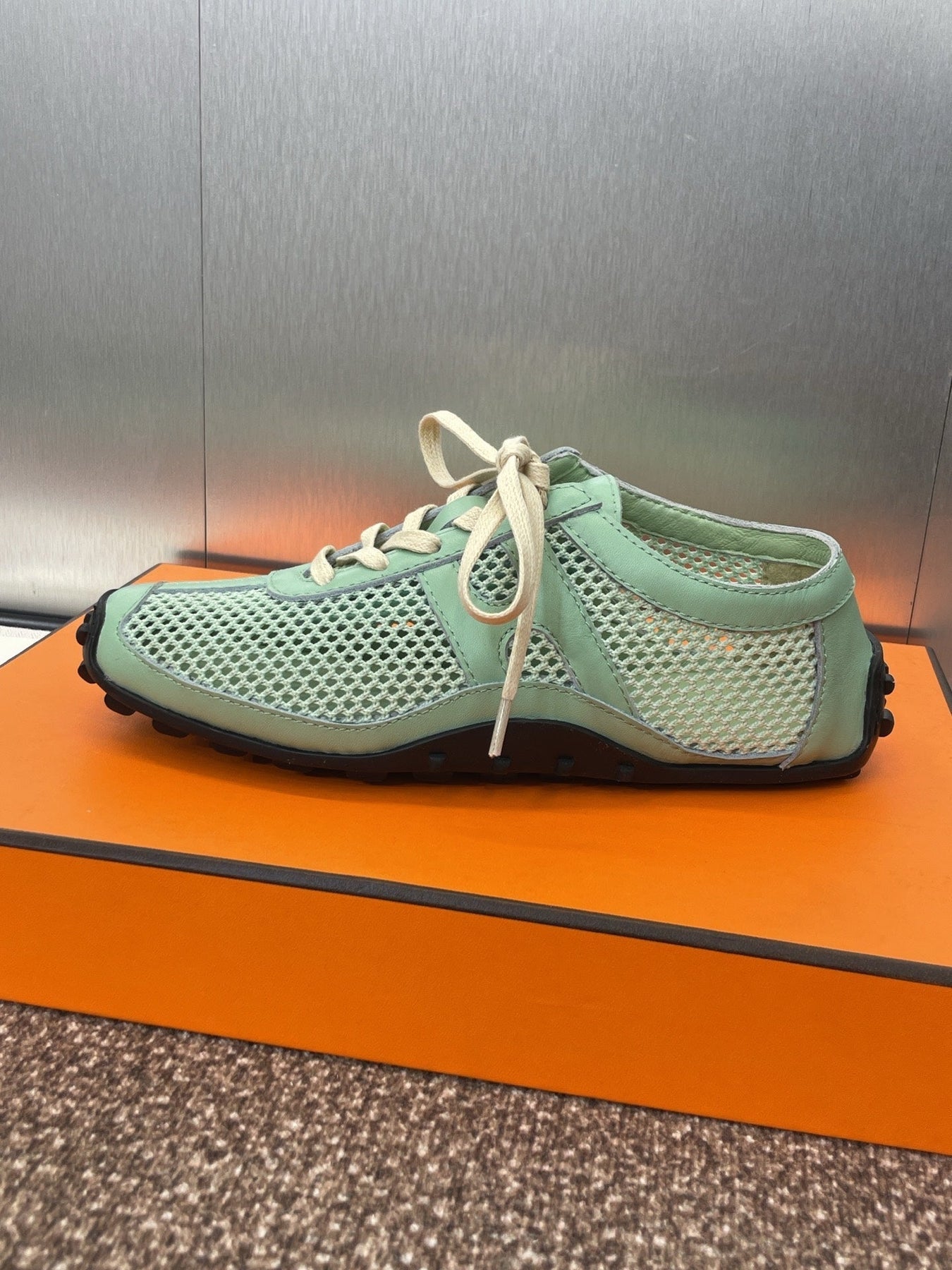 KIGA SNEAKER IN GREEN MINT CROCHET KNIT AND CALFSKIN