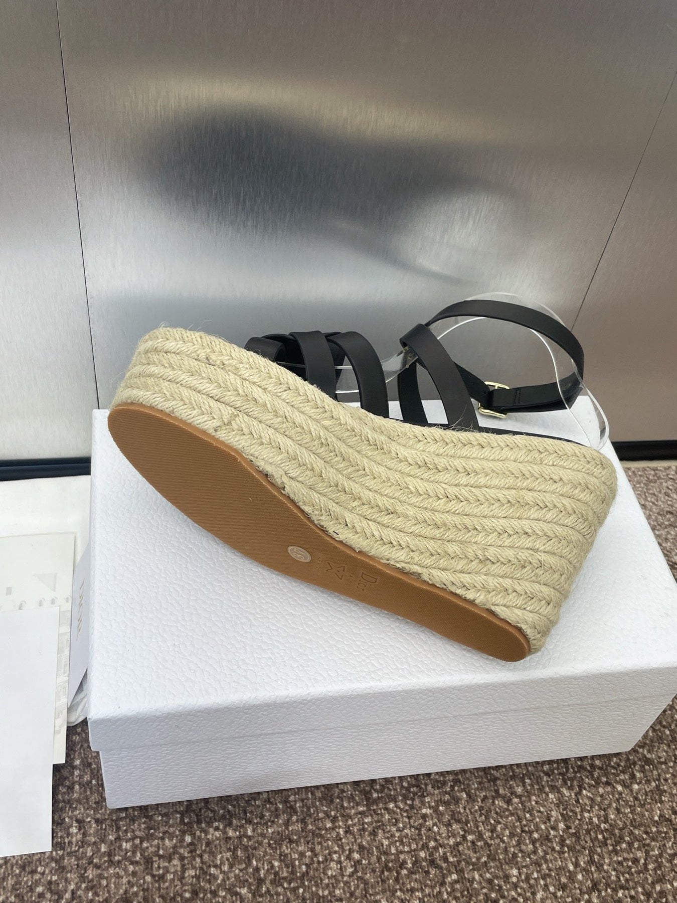 D-CLUB 25S HIGH HEEL WEDGE 100MM IN BLACK CALFSKIN RAFFIA SOLE